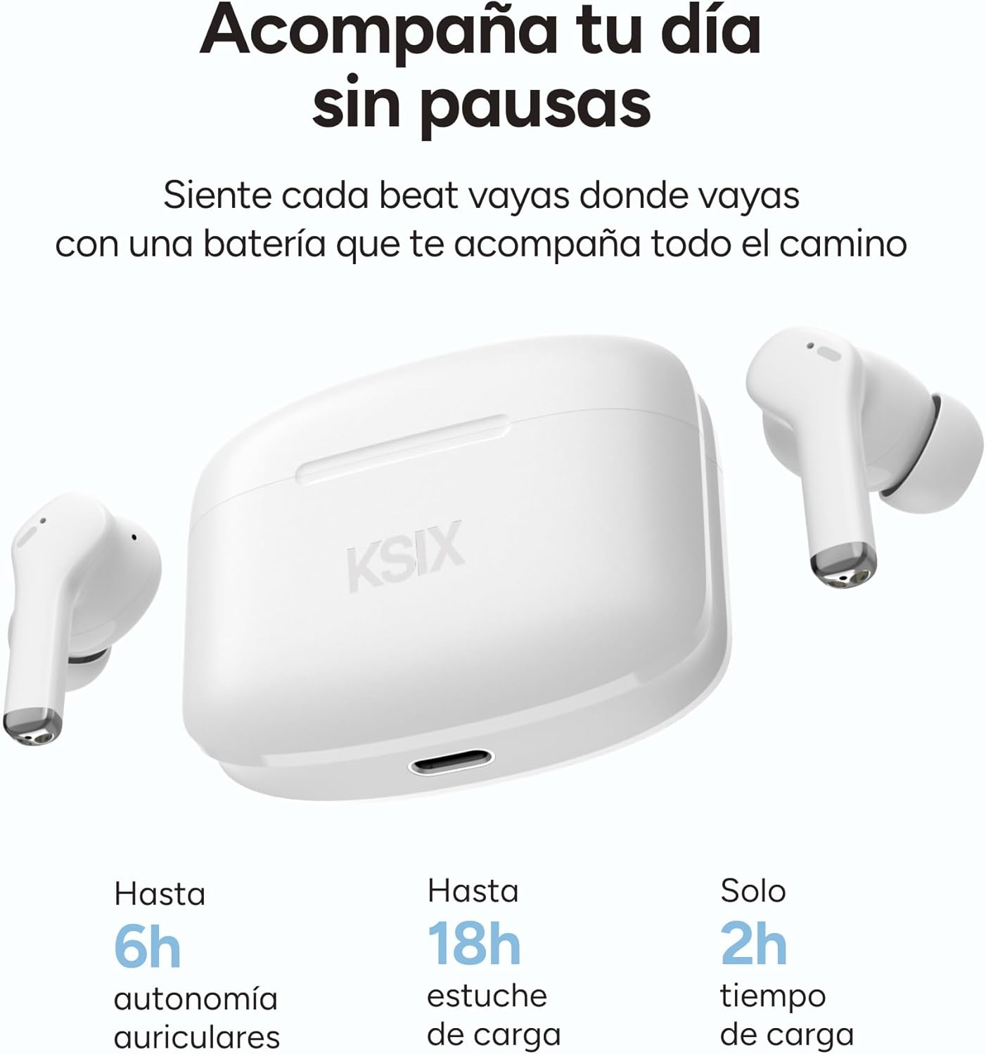 KSIX Orion 2 Wireless Headphones, TWS, ENC Noise Cancellation, Dual Microphone, Touch Control, Voice Assistant, Calls, USB-C Charging Case, Autonomy 6 Hours + 18 Hours, IPX4, White image number 4