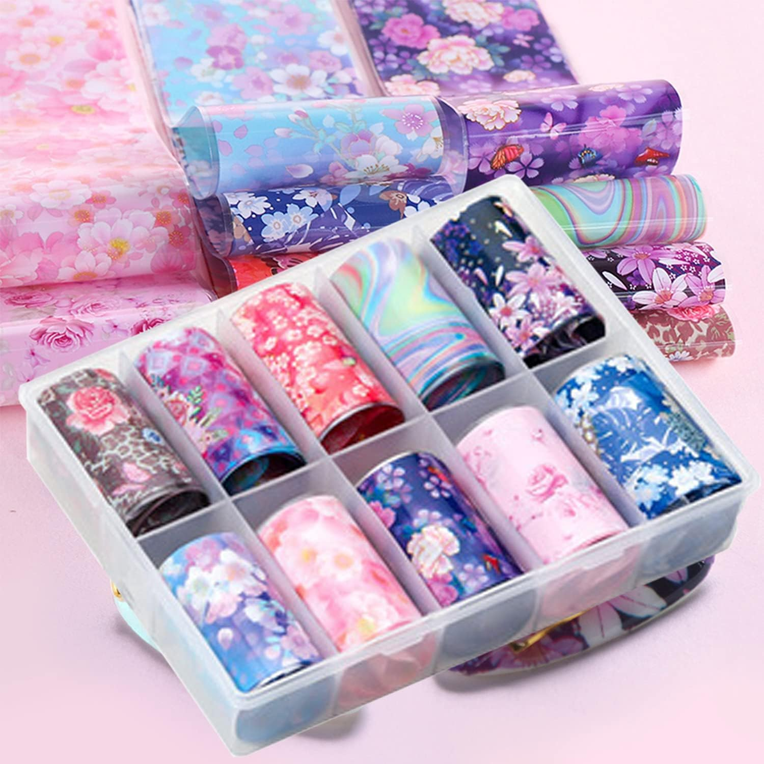 Flowers Nail Art Foil Transfer Stickers Decals, Holographic Pink Floral Nail Art Design, Nail Art Foils for Nail Transfer Glue Polish, Women Fingernails Toenails Acrylic Nails Decoration (10 Rolls) image number 6