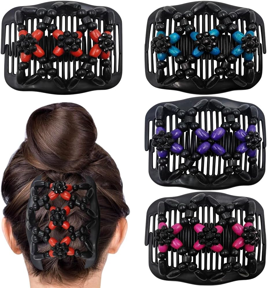 Umibow 4 Pcs Stretchy Magic Hair Combs for Women Double Comb Hair Clip Elastic Wood Beaded Hair Bun Maker Magic Hair Side Combs for Curly Thick Wavy Hair