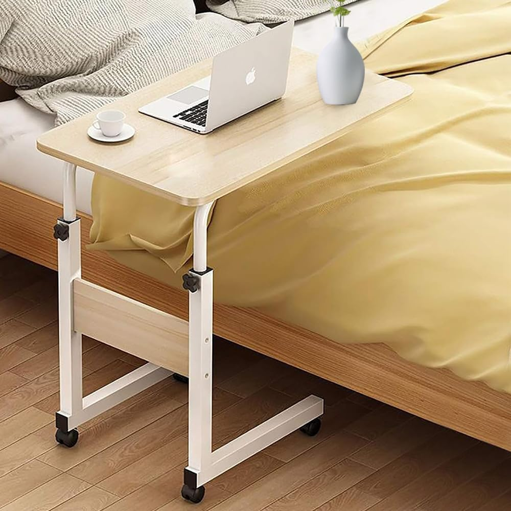 Side Table, C Shaped Table with Wheels, Industrial Side Table for Living Room Bedroom, Adjustable Height, Mobile Computer Desk Laptop Table for Home Use (Light Walnut) image number 6