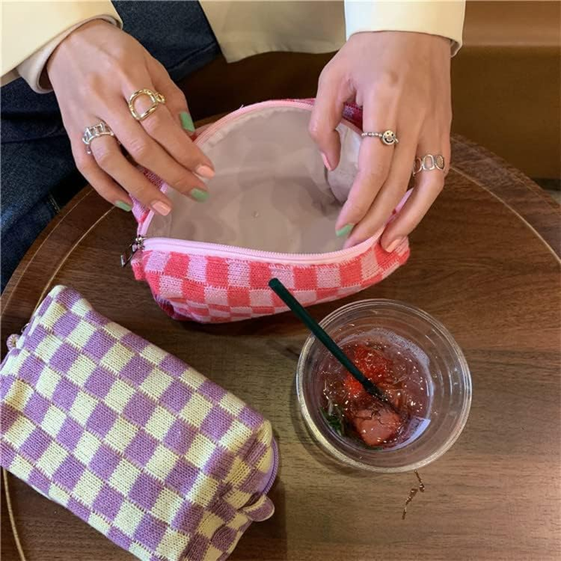 2Pcs Checkered Makeup Bag Knitted Cosmetic Bag,Large Capacity Makeup Bag and 1Pc Pencil Case Makeup Brush Storage Bag Knitted Toiletry Bag,Knitted Pencil Pen Case Storage Bag Large Knitted Purse,Pink