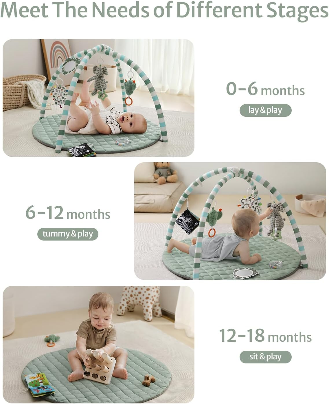Baby Play Gym Mat, Tummy Time Activity Mat with 6 Detachable Toys for Stage-Based Sensory and Motor Skill Development, Washable Play Mats for Infant, Newborn Baby Essentials, Sage Green image number 5