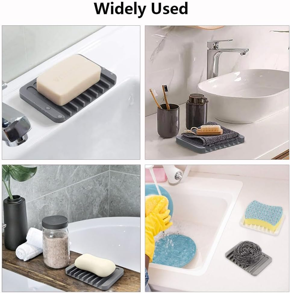 Vekol Self Draining Soap Dishes 2PCS Silicone Soap Holder Waterfall Drainer Soap Saver, Sponge Holder, Dish Soap Tray for Shower, Bathroom, Kitchen, Bath Tub, Razor (White+White)