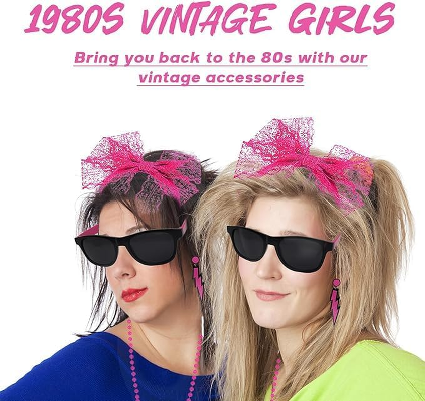 80S Fancy Dress for Women,1980S Costume Accessories Set with Leg Warmers Lace Bow Headband Necklace Bracelets Fishnet Gloves 80S Earrings Sunglasses, 80S Fancy Dress for Women image number 1