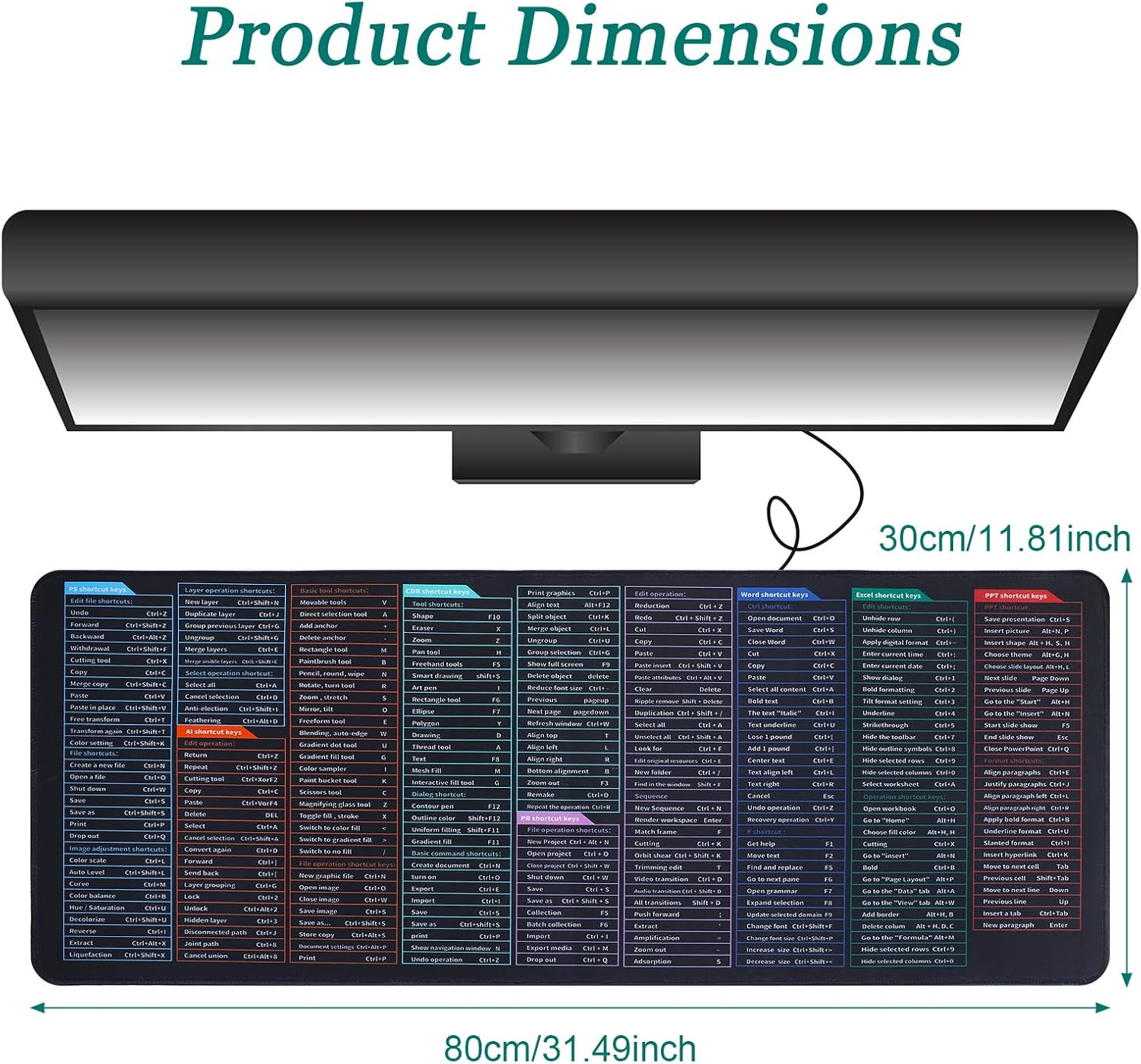 Keyboard Shortcuts Mouse Mat,Quick Key Super Large Gaming Mouse Pad,Anti-Slip Computer Mat with Excel Office Word Shortcuts Pattern,Keyboard Pad for Desk Pc,Laptop,Office,Home(80X30X0.2Cm) image number 5