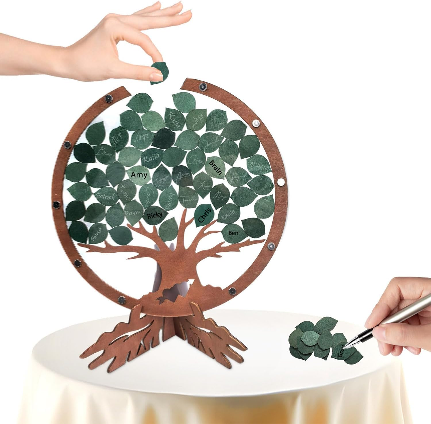 PAMBO Wedding Guest Book Alternative with 55 Green Leaves,Rustic Wooden Family Signing Tree Guest Book - 12" Handcrafted Wedding Decoration & Keepsake image number 6