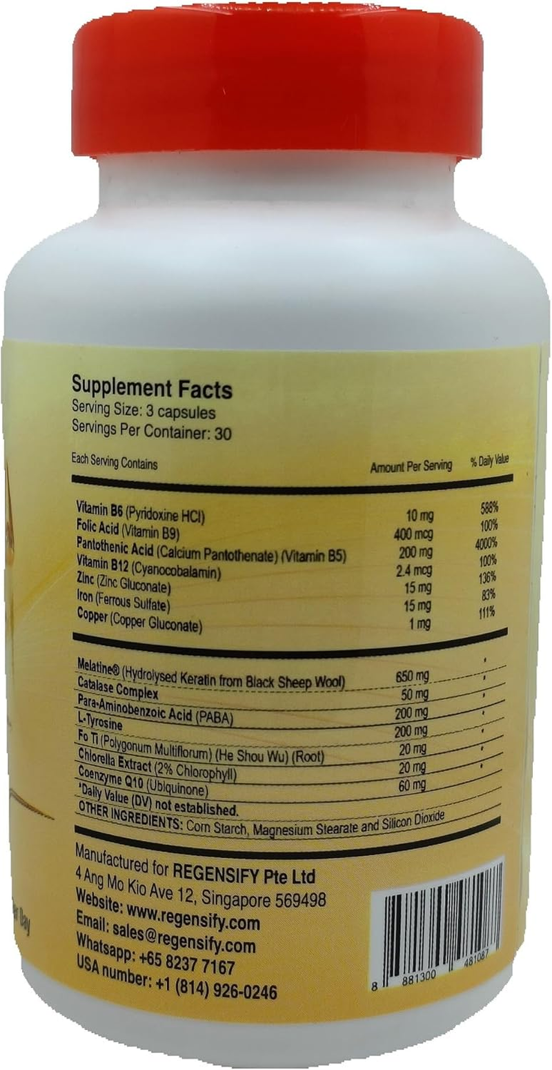 REGENSIFY Hair Melanin Booster Nutrition [Anti Grey Hair Supplement for Men & Women | Melatine&reg;, Catalase, PABA, L-Tyrosine, He Shou Wu, Chlorella Extract, Coq10, Folic Acid, Pantothenic Acid]