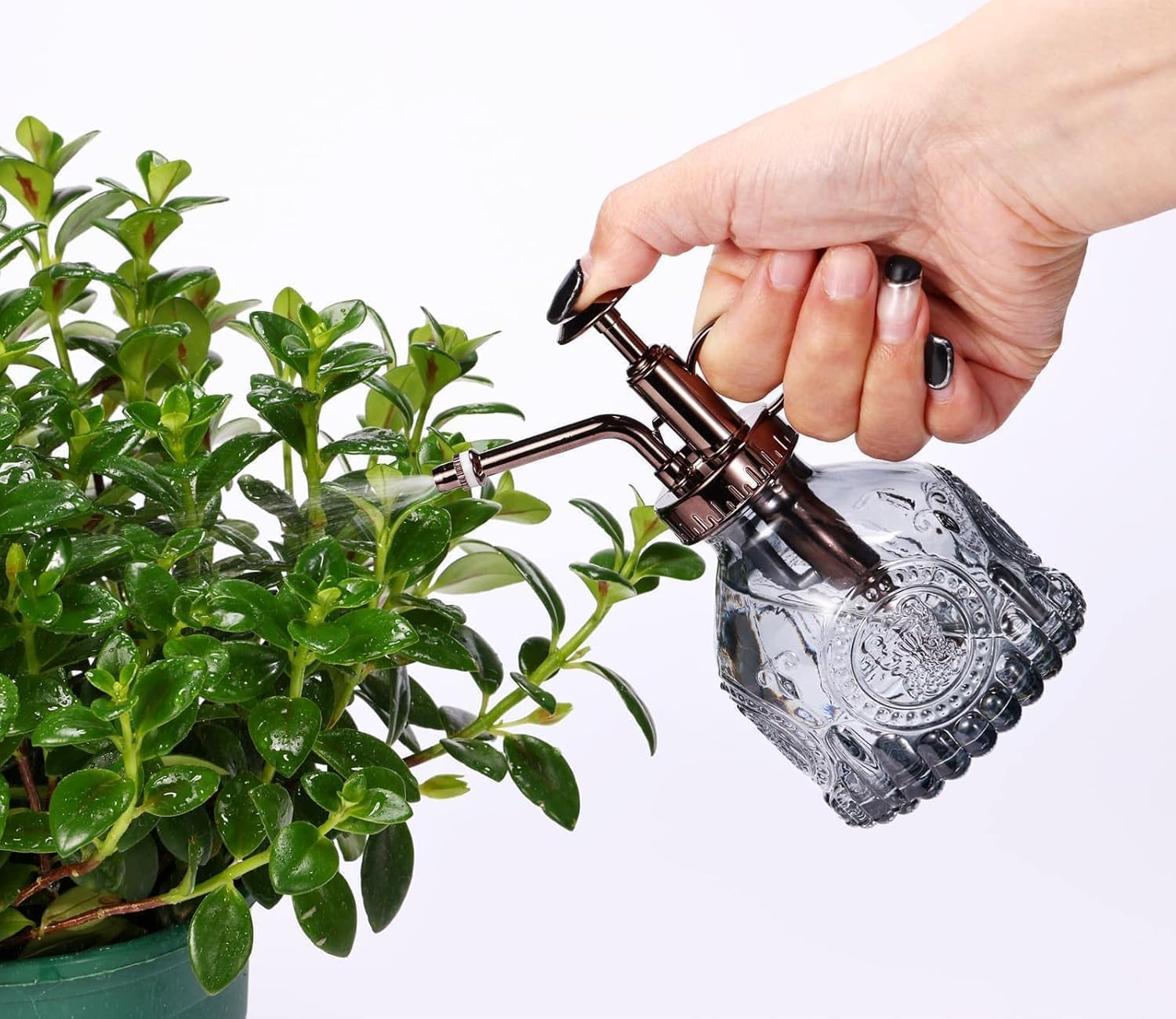 Glass Plant Mister Spray Bottle, 6.5" Green Glass Water Spray Bottle with Gold Top Pump Small Watering Can, Small Plant Sprayer Mister for Indoor Outdoor House Plant (Gray+Bronze D) image number 1