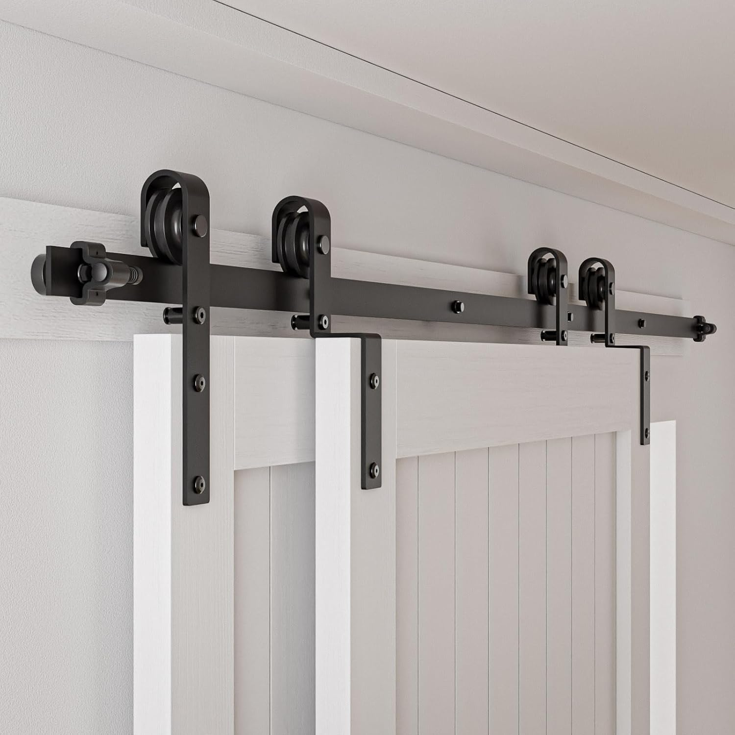 Sliding Door Hardware Bypass Double Door 173 Cm Sliding Door System Complete Set Walker Rail Wheels Set Black for 2 Wooden Doors 80 Cm Wide J Shape