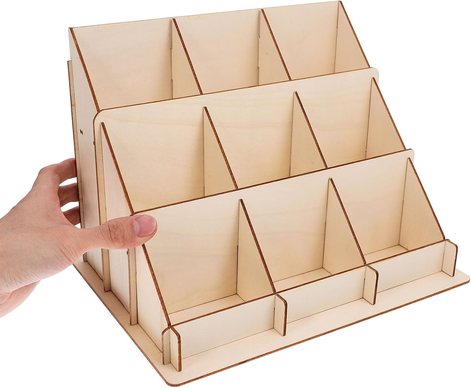 NUOBESTY Wooden Greeting Card Display Stand - Multi-Purpose 3-Tier Organizer for Business Cards, Postcards, Stickers, and Crafts, Ideal for Desk, Counter, Office, and Retail Use