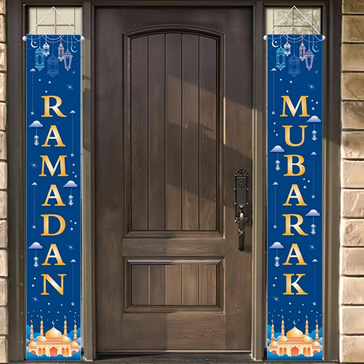 Blue Ramadan Mubarak Banner Eid Mubarak Door Sign Hanging Banners Decoration Set for Ramadan Themed Party Indoor and Outdoor Party Supplies Decorations(70.8X 43.3In） image number 2