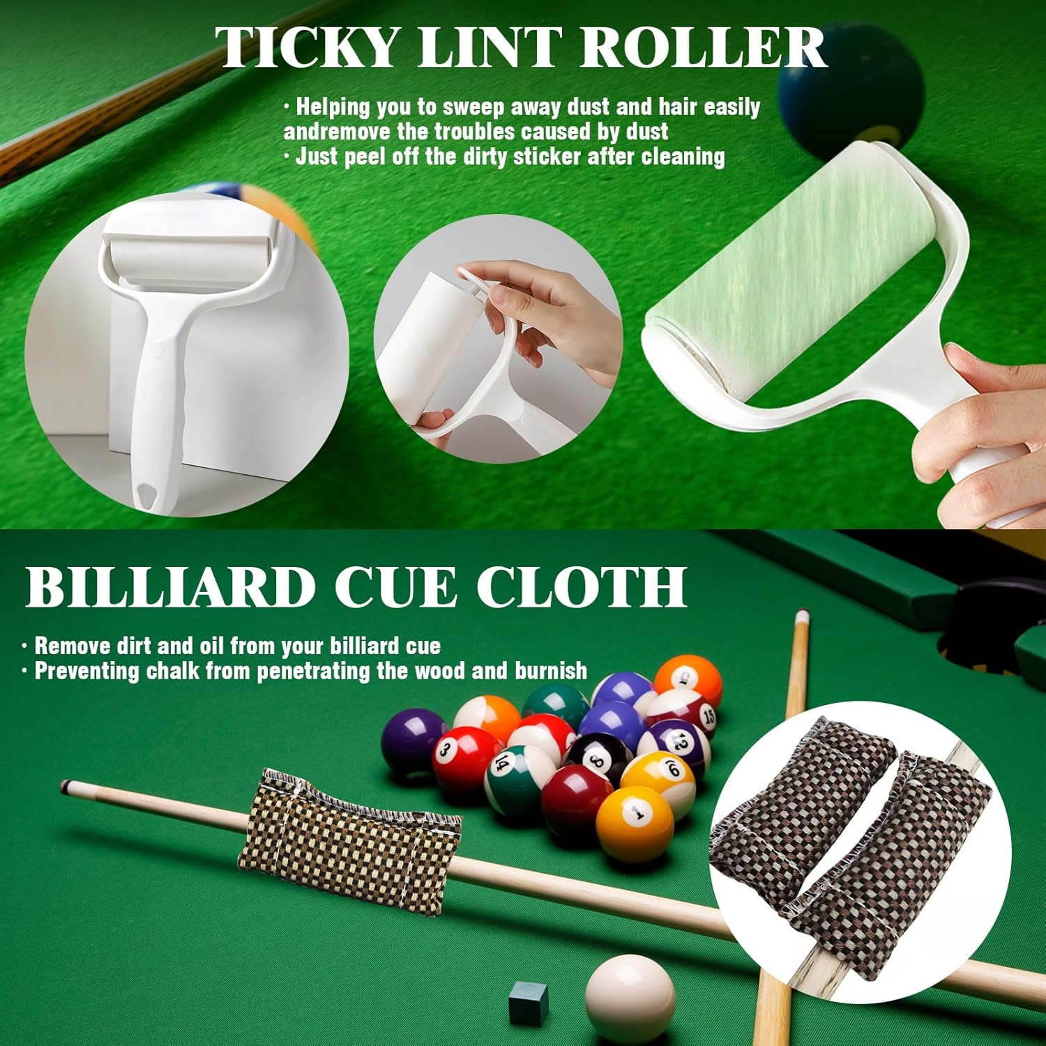 Yuahar 21Pcs Billiards Pool Table Cleaning Set W Wooden Pool Table Brush, 12Mm Slip-On Cue Replacement Tips, Sticky Lint Roller, Pool Cue Chalk Cubes and Rod Tip Sharpener for Game and Competition
