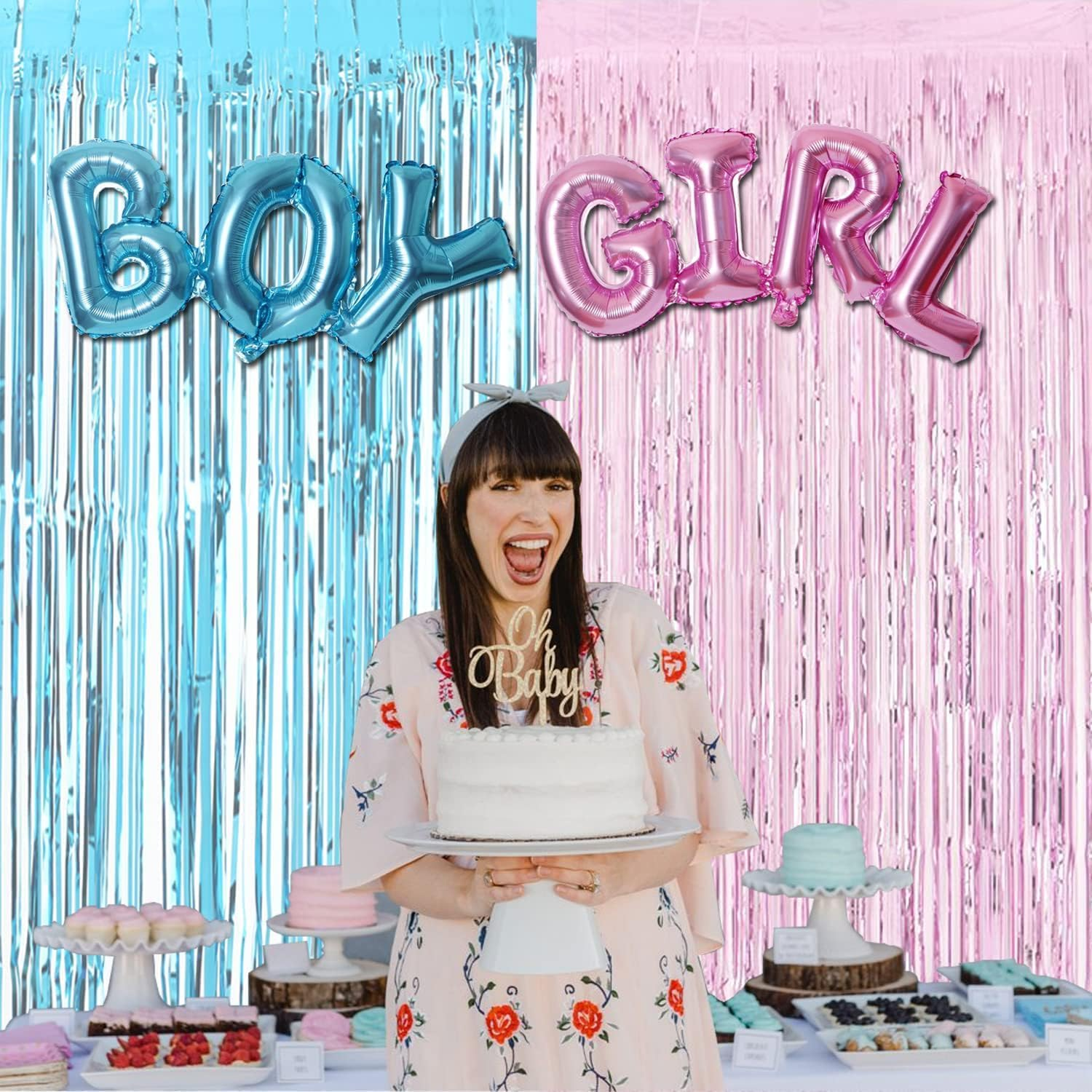 Gender Reveal Party Decor, Boy or Girl Foil Balloons, Boy or Girl Gender Reveal Balloons Garland with Pink and Blue Metallic Foil Fringe Streamer Curtains(With Adhesive Tape) image number 3