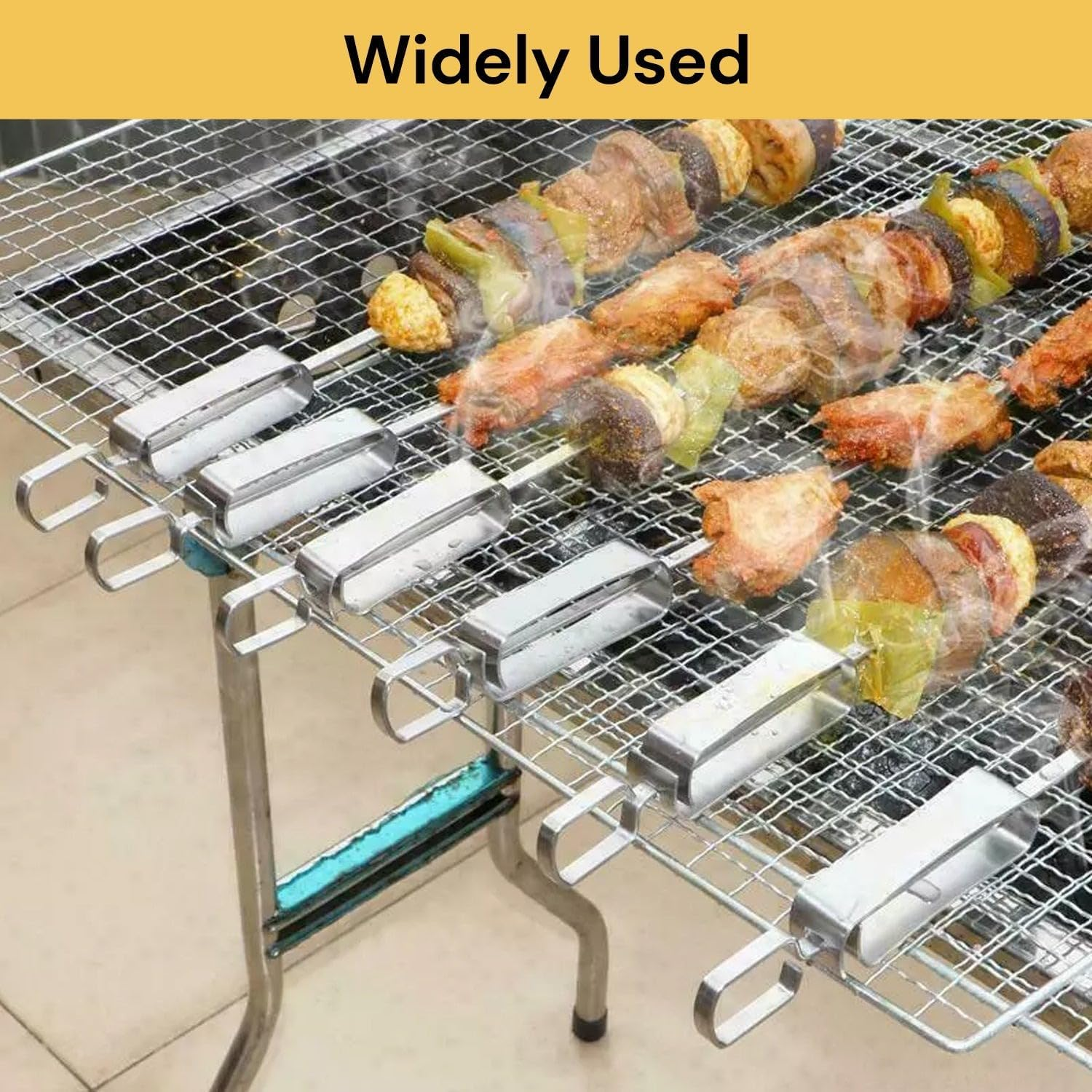 EZONEDEAL Reusable BBQ Skewers for Grilling, Grill Skewers, Shish Kabob Skewers with Push Bar, 15 Inch Stainless Steel BBQ, Metal Sliding Handle for Meat Shrimp Chicken Vegetable Grilling 2PCS image number 5