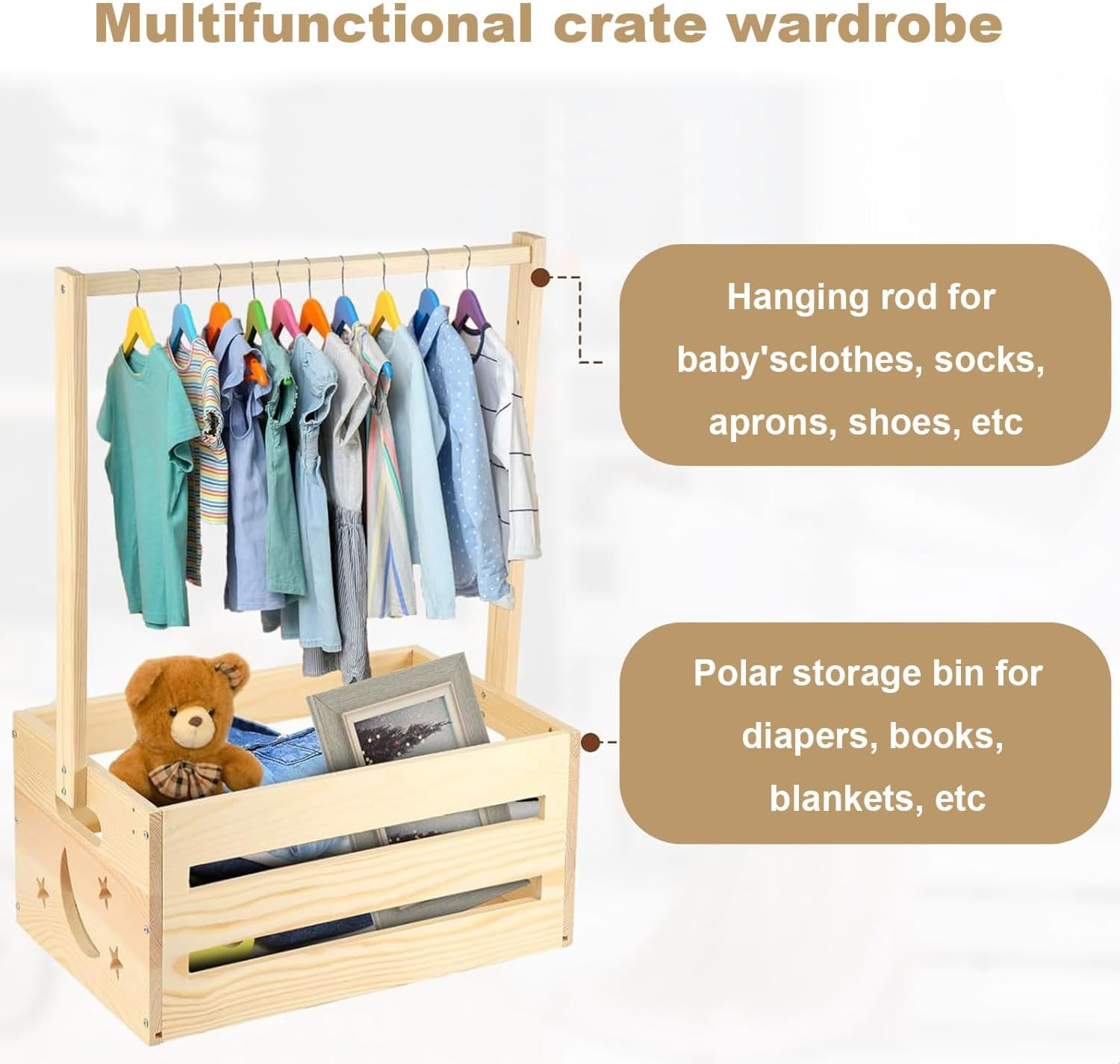 MUSONG Rustic Decorative Baby Storage Crate Hamper with Handle, Wooden Baby Shower Crate Closet, 34.4 X 23 X 54.5 Cm image number 5