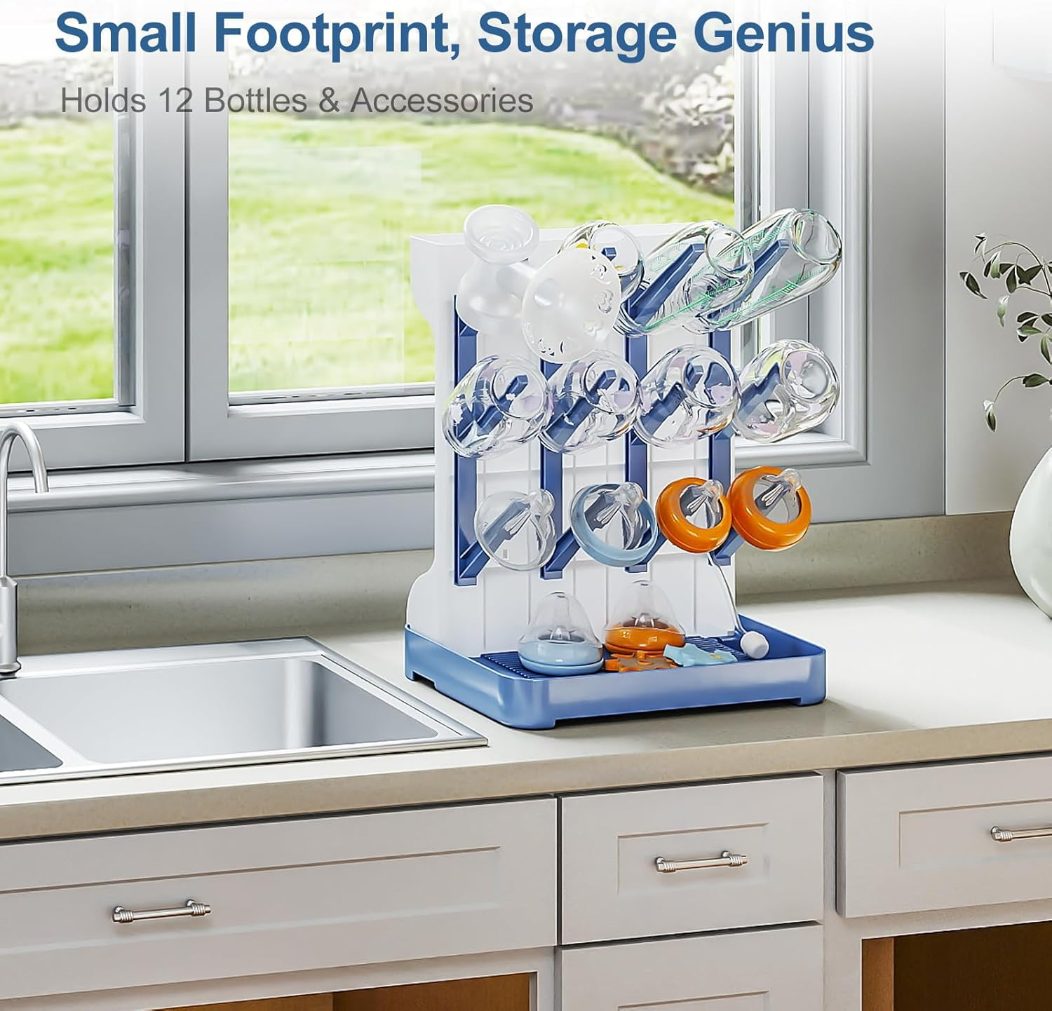 Baby Bottle Drying Rack Space Saving, Large Vertical Baby Bottle Storage Organizer & Bottle Dryer Rack for 12 Pc 8 Oz Bottles and Baby Accessories,Pump Parts,Pacifiers or Brush Stand - Blue image number 3