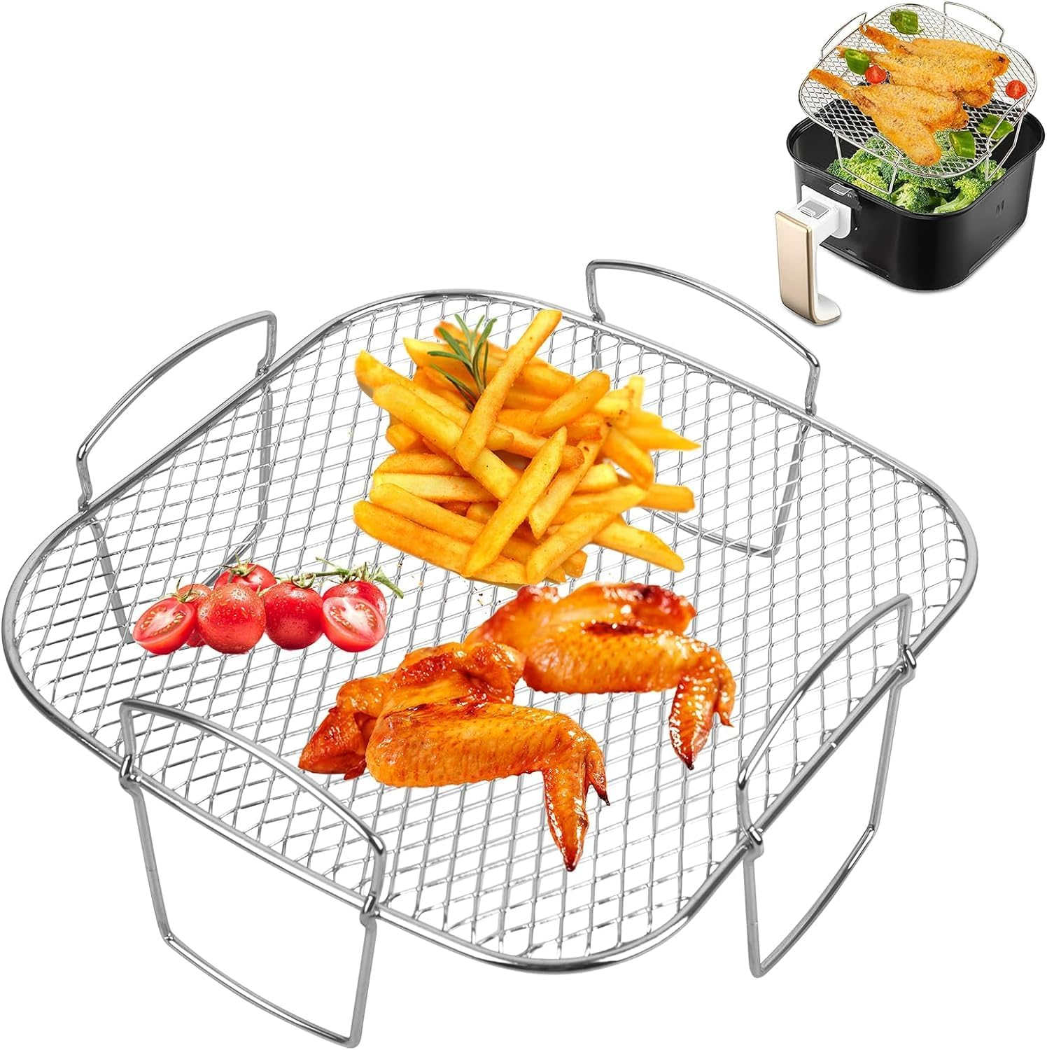 Air Fryer Rack, 304 Stainless Steel Dehydrator Rack, Square Air Fryer Basket Multi-Purpose Grill Shelf for 7.5L-8L Fryer and Oven (Single Layer)