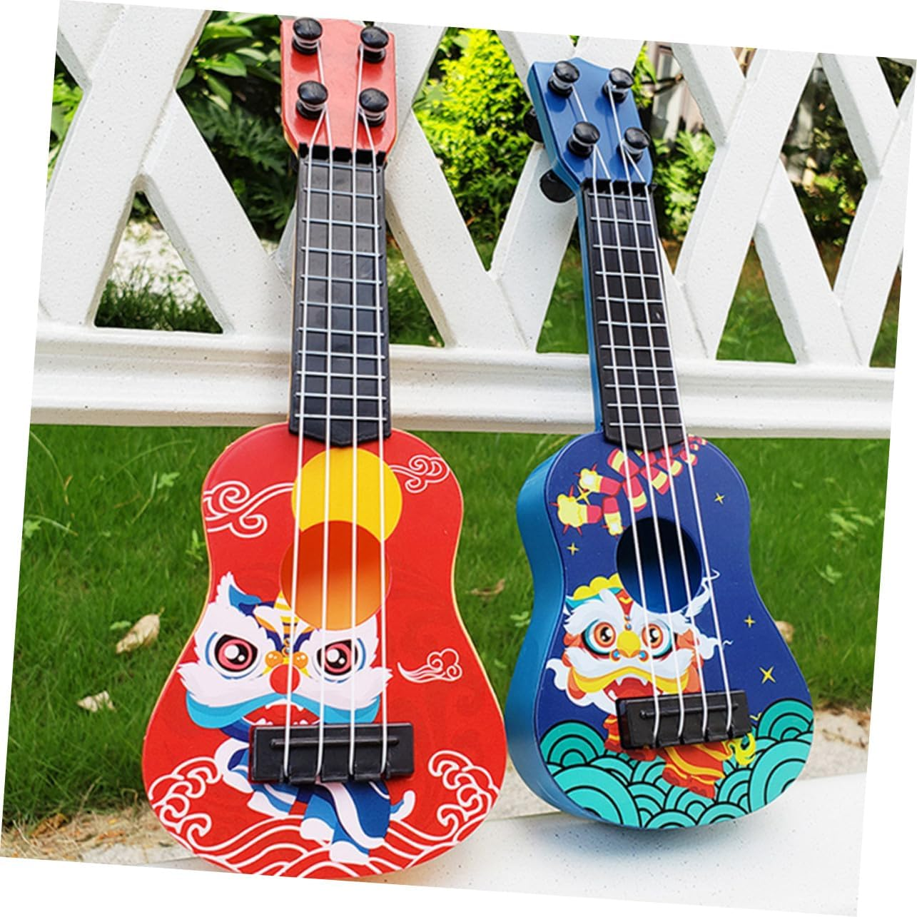 2Pcs Ukulele Cartoon Mini Guitar Model for Beginners Ages Smooth Surface Musical Instrument Educational Plaything in Red and Blue image number 4