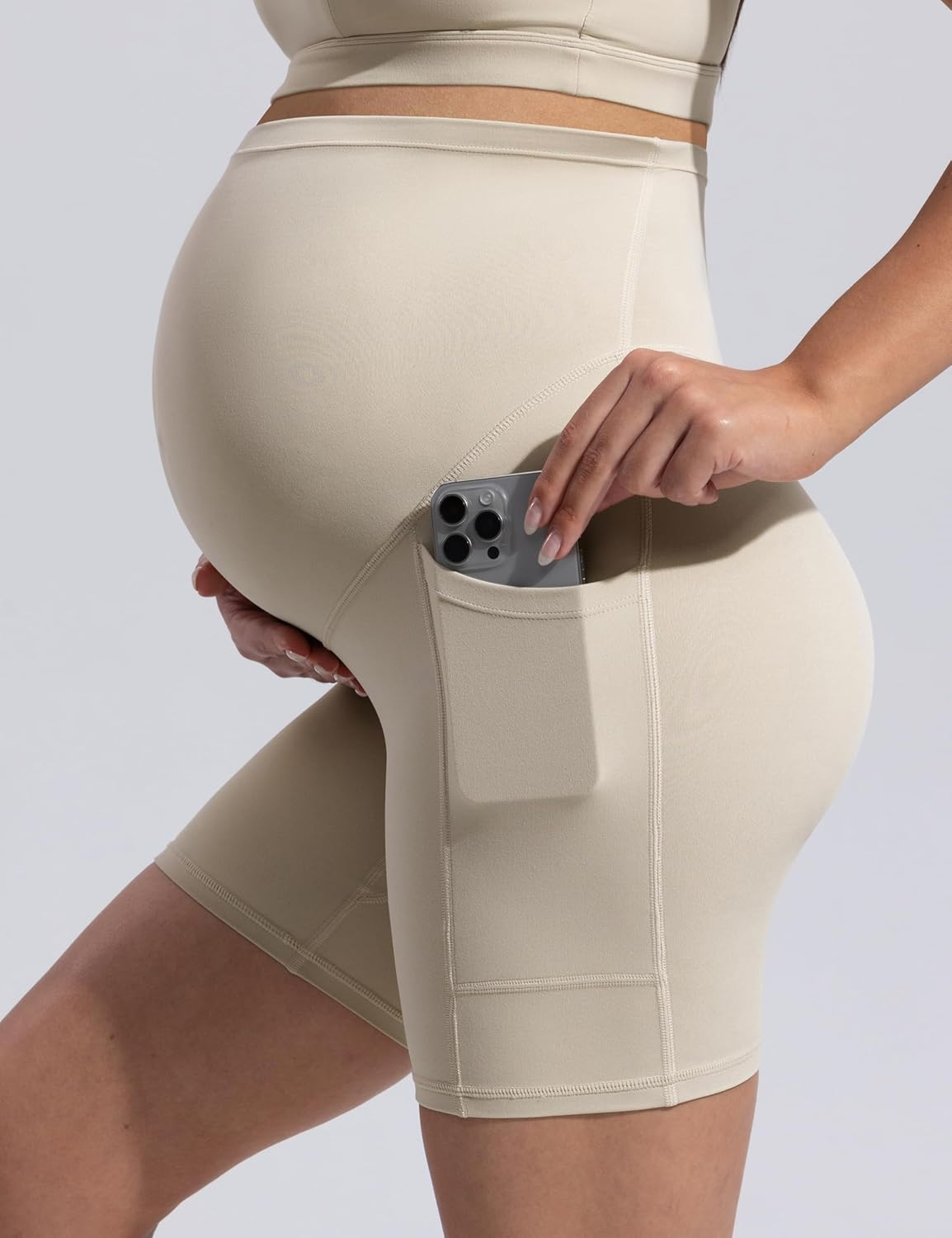 POSHDIVAH Women'S Creamluxe Maternity Biker Shorts over the Belly with Pockets - 6"/8" Summer Pregnancy Yoga Workout Short