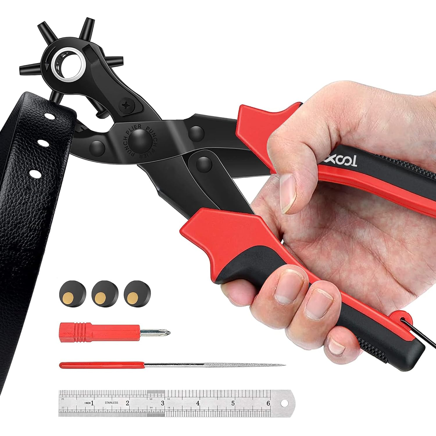 Revolving Punch Plier Kit Punch Hole Tool Including Punch Plier Brass Pad Screwdriver and Grinding Rod for Belt Saddle Watch Strap Shoe Fabric Paper Etc image number 5