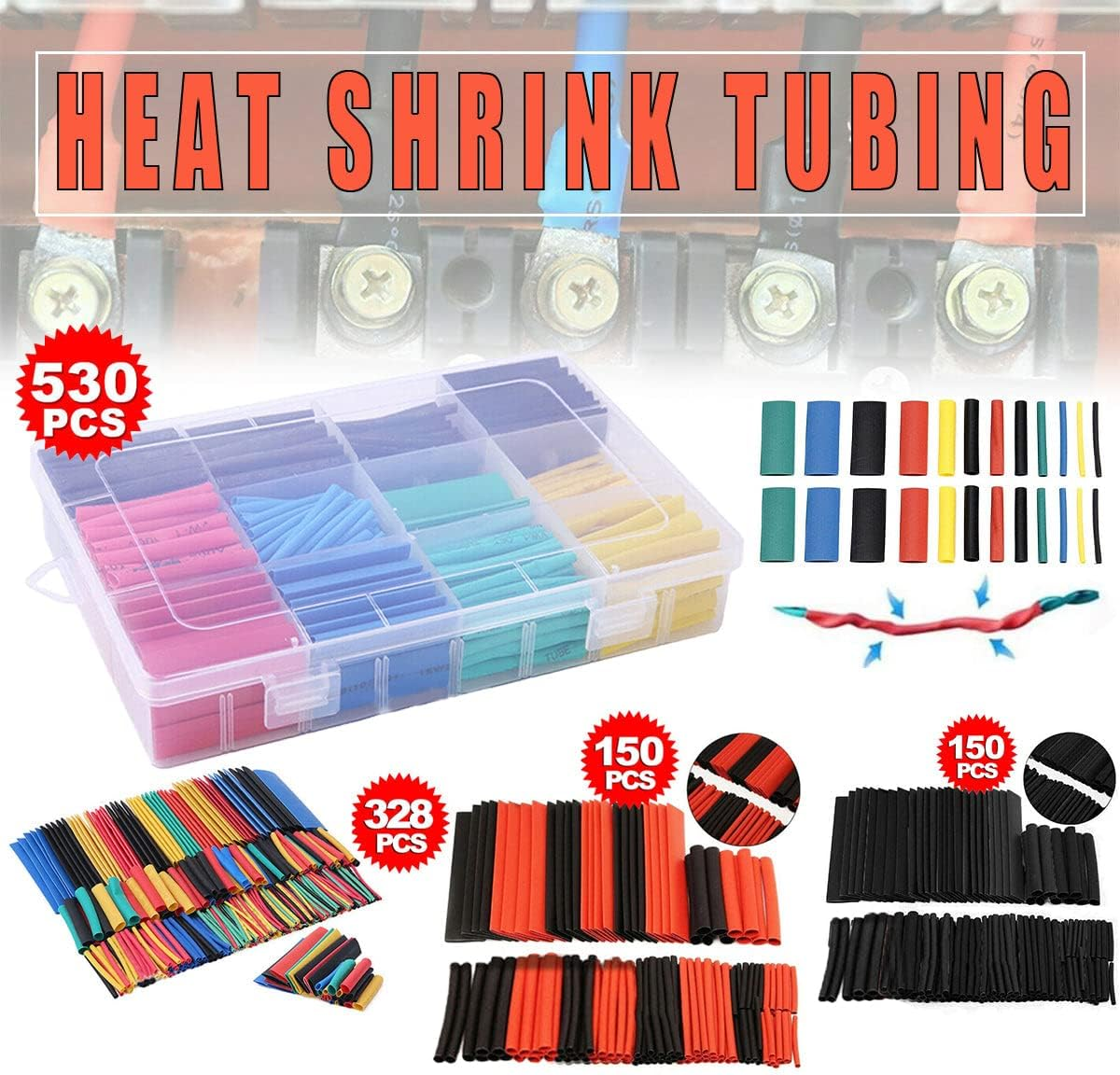 AIMALL 530 PCS Heat Shrink Tubing Assortment Kit, 8 Sizes of Insulation Sleeving for Wire, Cable, Electrical Repairs, Shrinkage Ratio 2:1, Flame Retardant, Multi-Colour image number 6