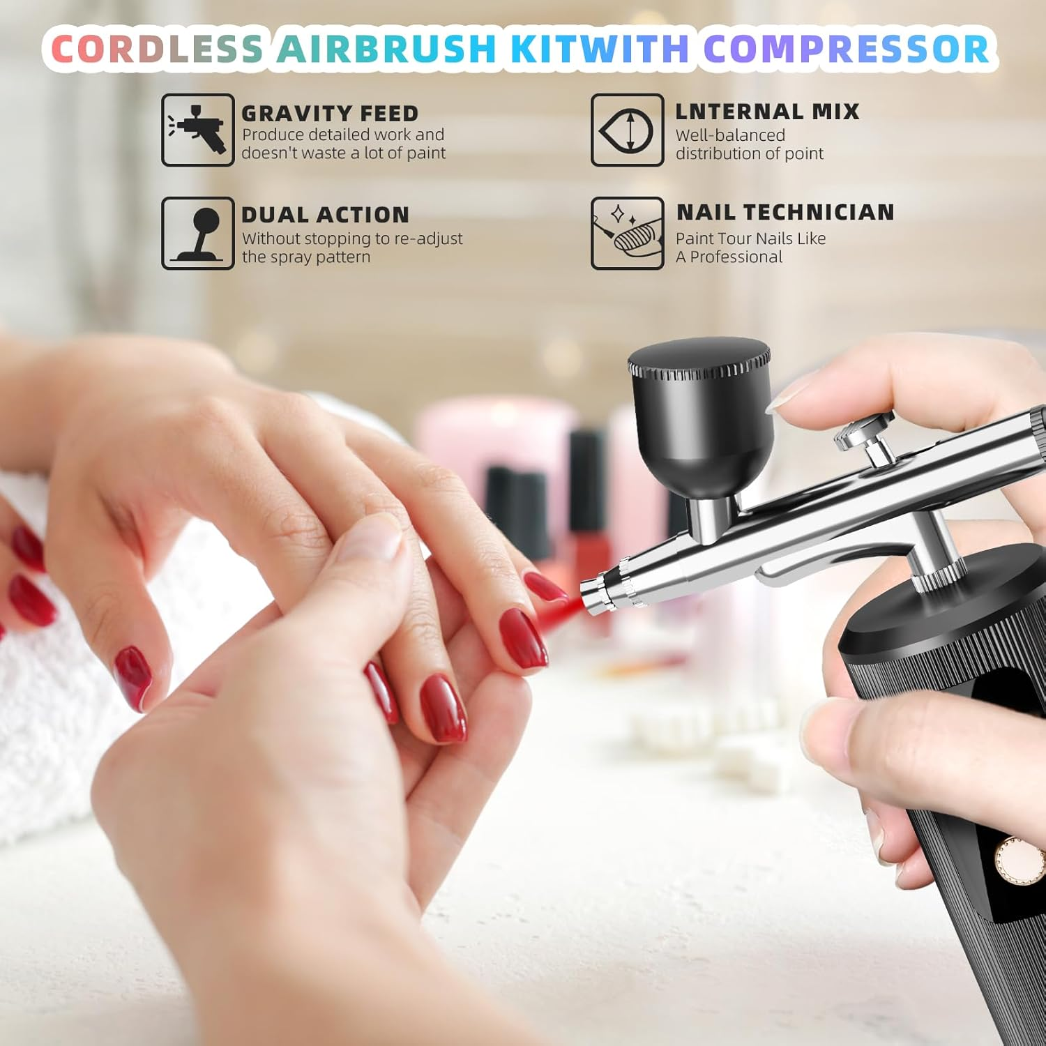 Airbrush Kit with Compressor - 48PSI High-Pressure, Non-Clogging Air Brush Set Cordless Rechargeable with 0.3Mm Nozzle and Cleaning Brush for Nail Art, Makeup - Pink image number 2