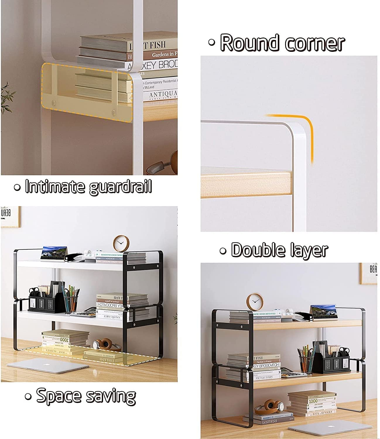 Joiena 2 Tier Desktop Bookshelf Plant Stand with Metal Frame Wood Board Desk Display Shelf Decor for Kids Office Rack Stationery Organizer Living Room Storage and Dormitory Use - Black Wood image number 4