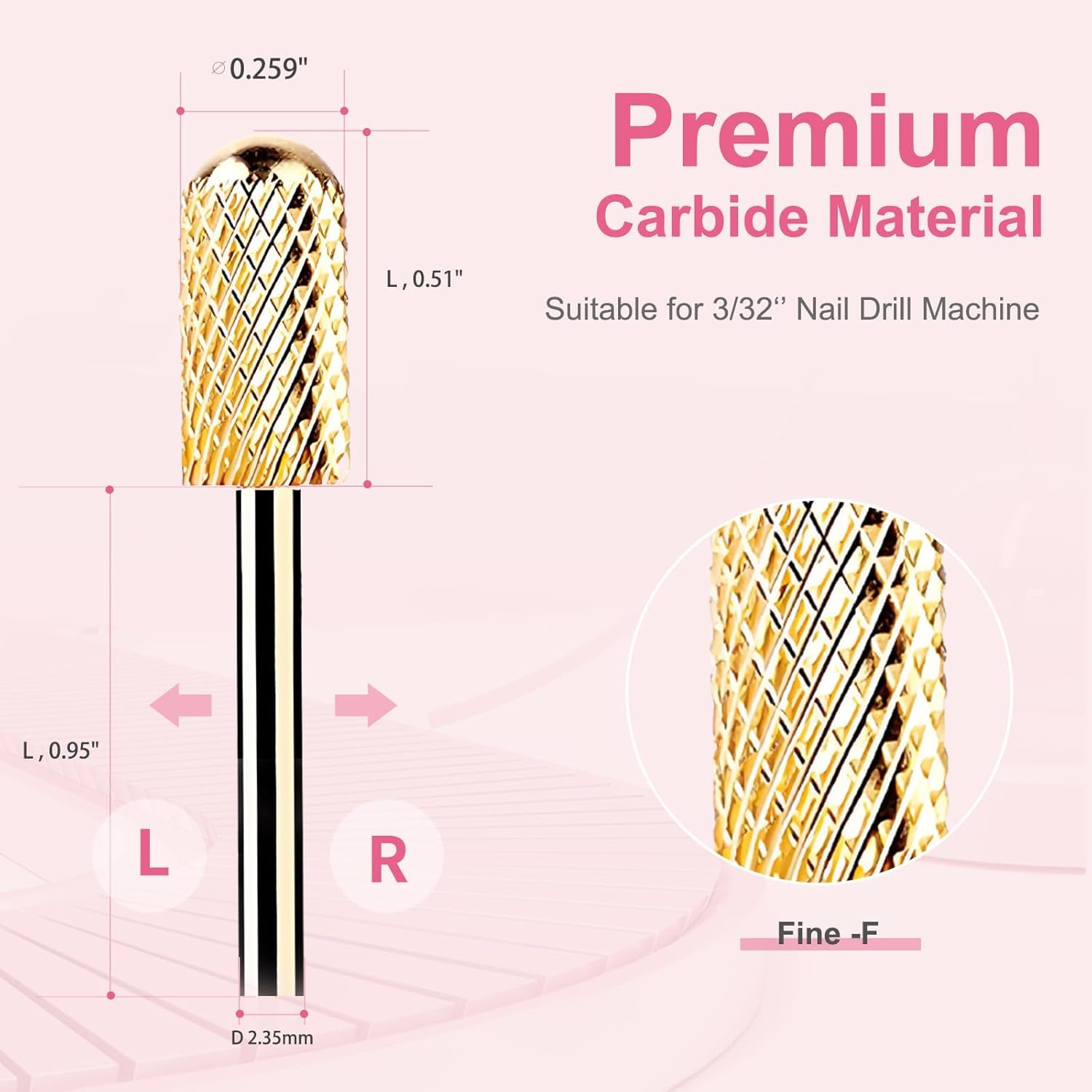 Safety Nail Drill Bits - 3/32'' Smooth round Top Large Barrel Carbide Bits, Suitable for Manicure Pedicure Cuticle Gel Polishing, Beginners Bits, Gold, 3Pcs (Fine, Medium, Coarse) image number 2