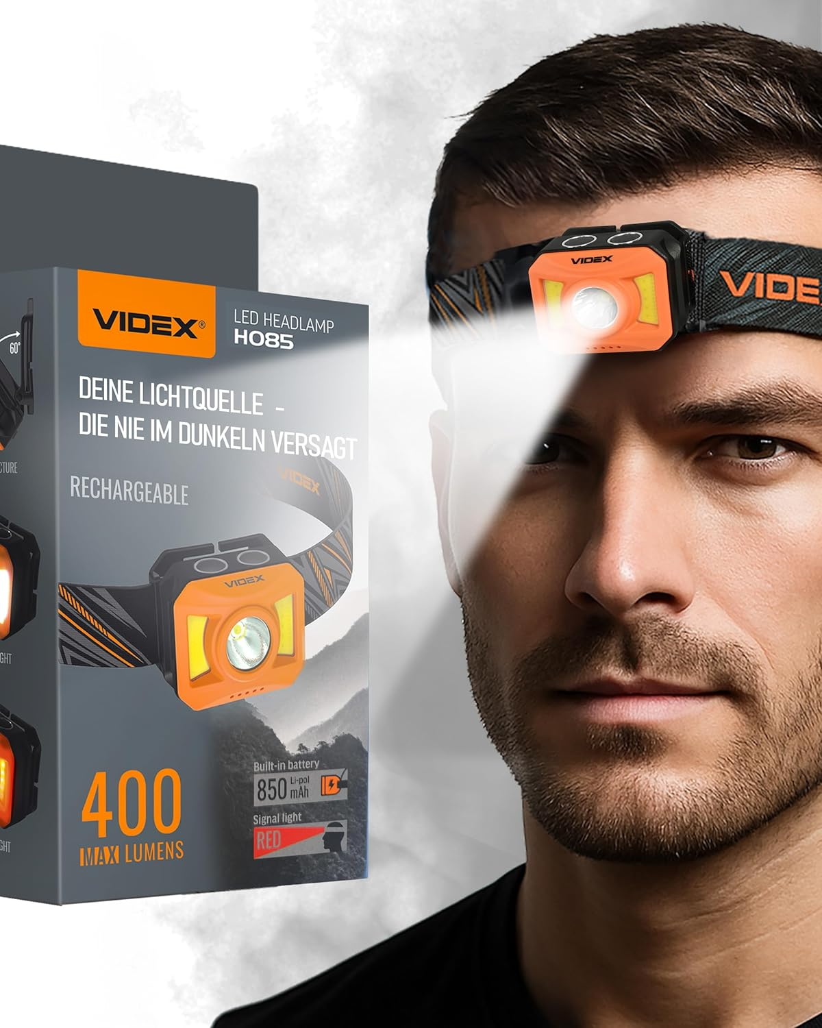 Videx High Quality Head Torch LED Rechargeable I Camping & Hiking Accessories I Running Light with USB C Rechargeable I Running Lamp with Battery and Red Light for Jogging I H085 400 Lm 5000 K