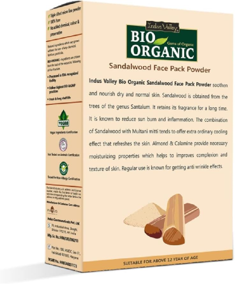 INDUS VALLEY Bio Organic Sandalwood Face Pack Powder Santalum Album, Chandan Powder for Face and Skin Care, (Face Glowing & Tan Removal Face Pack 200Gm) image number 1