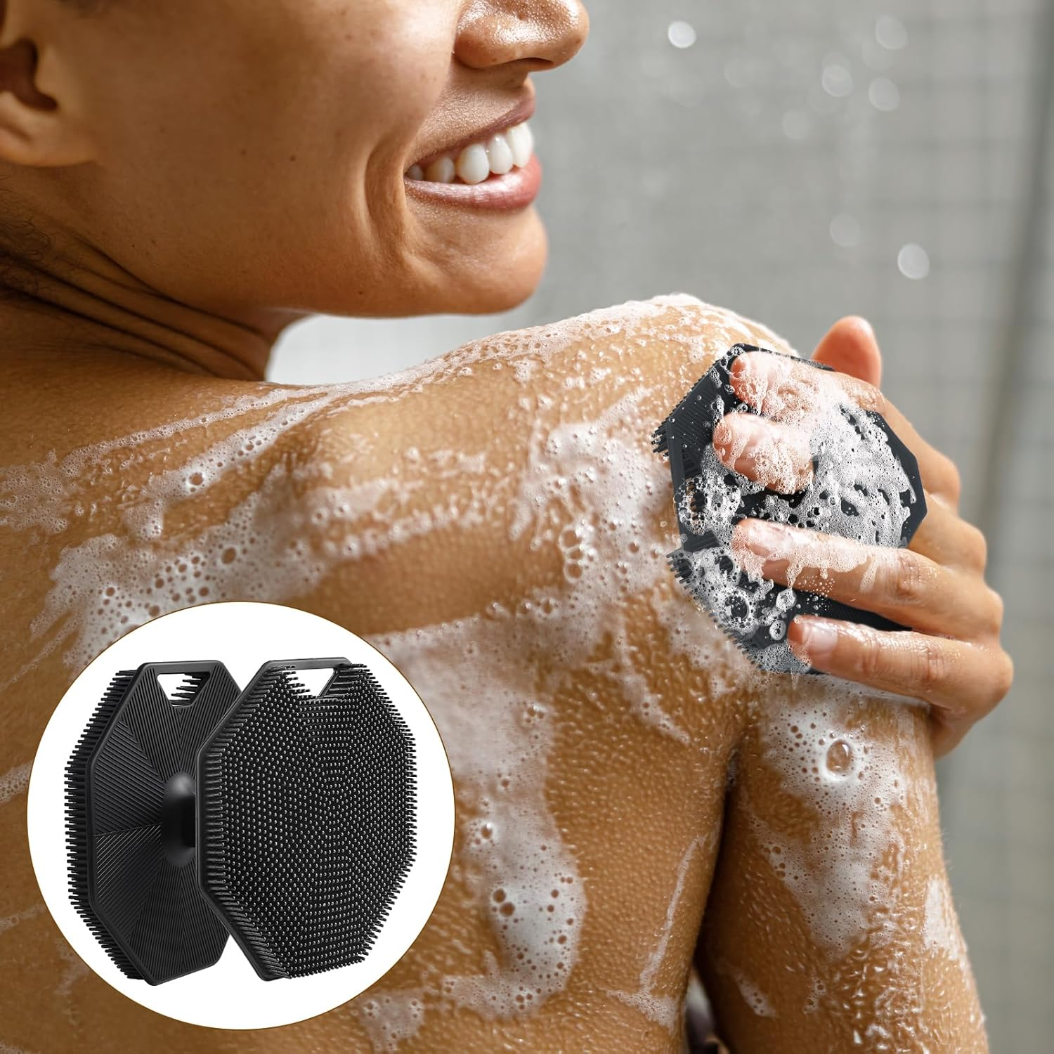 Ergonomic Handle Silicone Scrubber - Facial & Back Exfoliator, Long-Lasting Easy-Clean Design with Lather Boosting Bristles, Compact 22X15X4Cm Body Scrubber for Shower & Spa (Black) image number 4