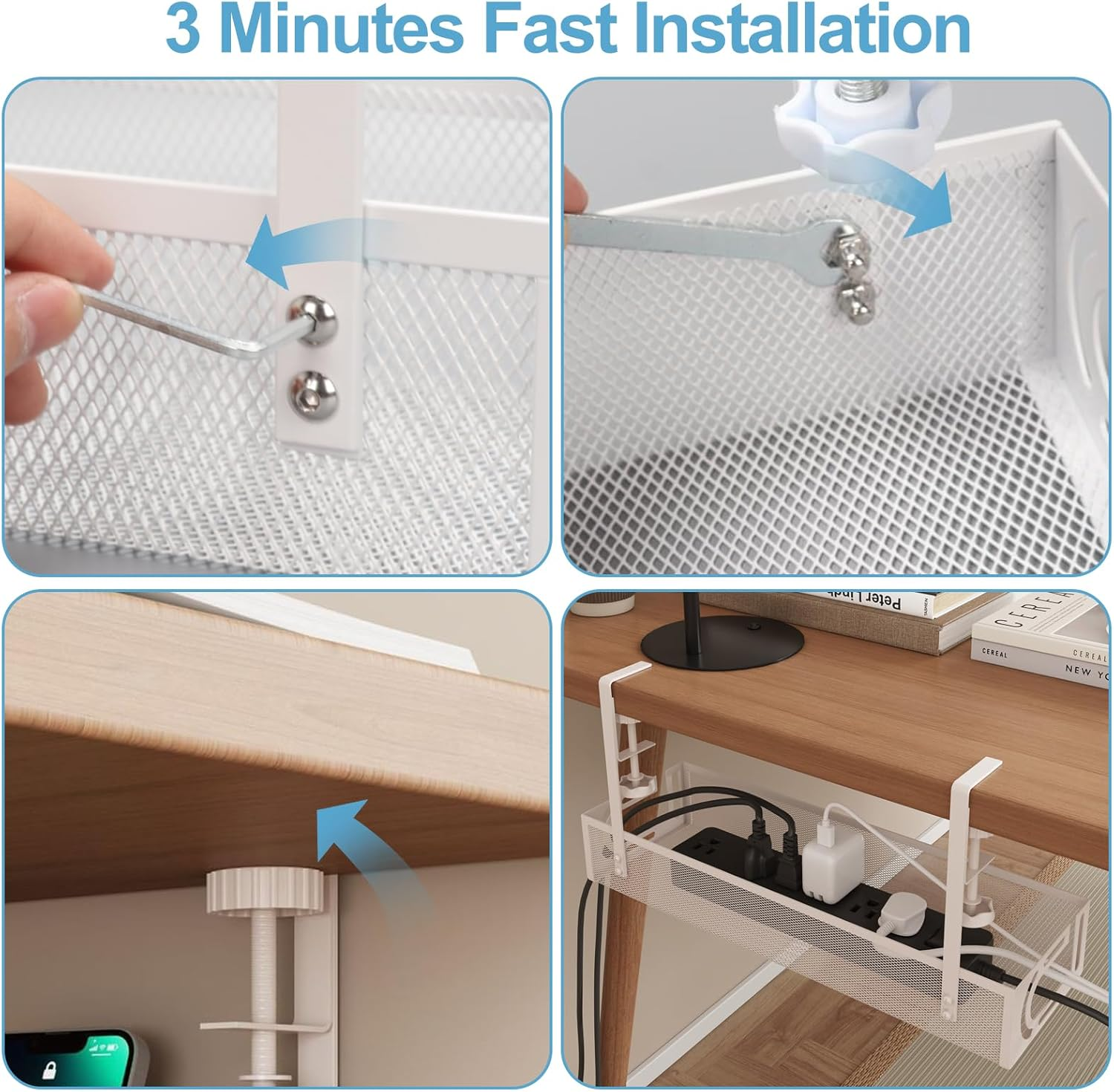 Ruaizel under Desk Cable Management Tray, 15.3'' No Drill Metal Desk Cable Organizers Wire Organizer & Cord Management under Desk Holder with Clamp for Home Office, White image number 1