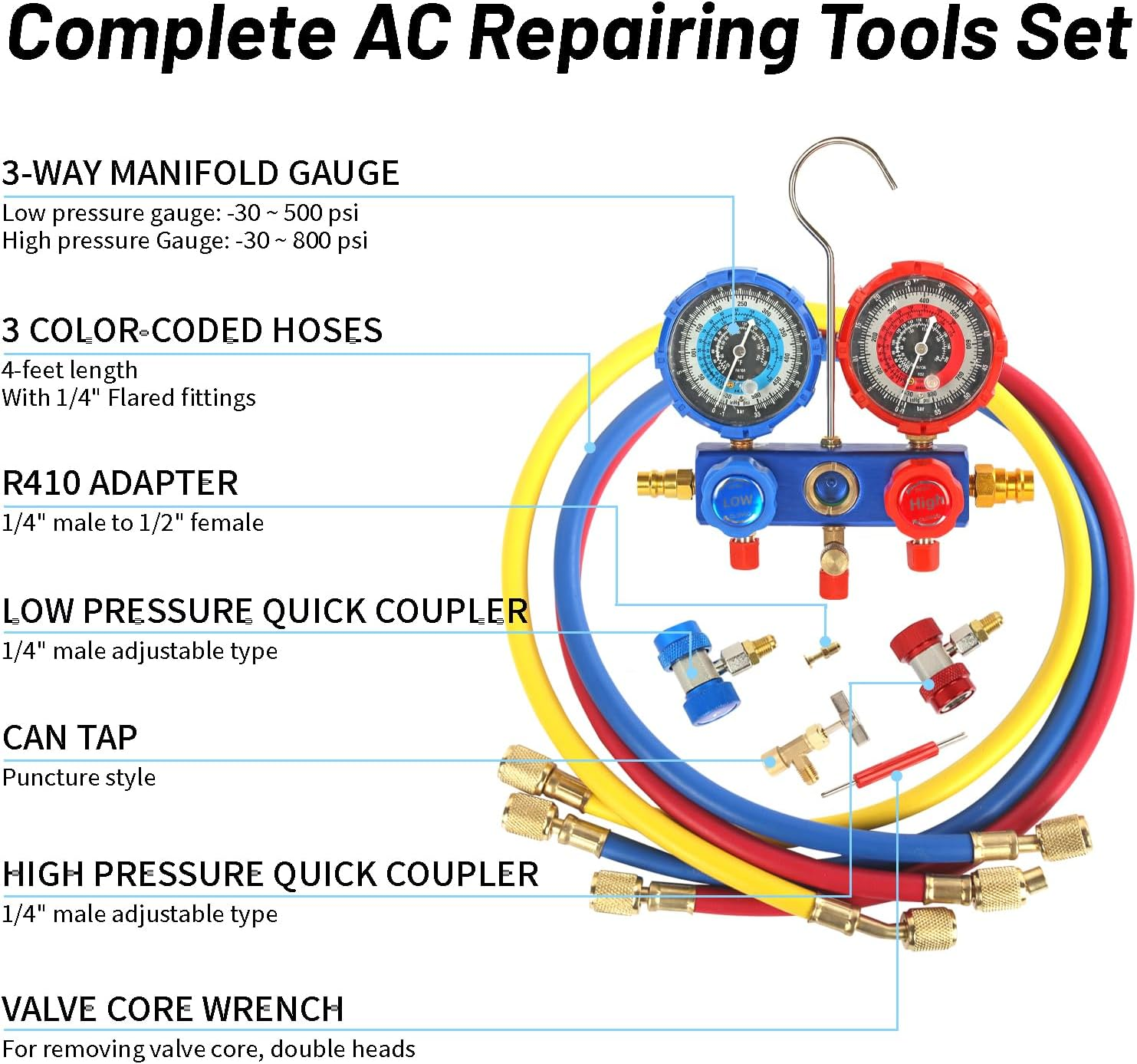 PB Motor Tech Vacuum Pump Set, 4.5 CFM Pump with Aluminum Manifold Gauge, Quick Couplers, 410 Adapter, Can Tap Valve Core Tool & Carrying Tote, for R134A, R410A, R22, R404A Refrigerants image number 5