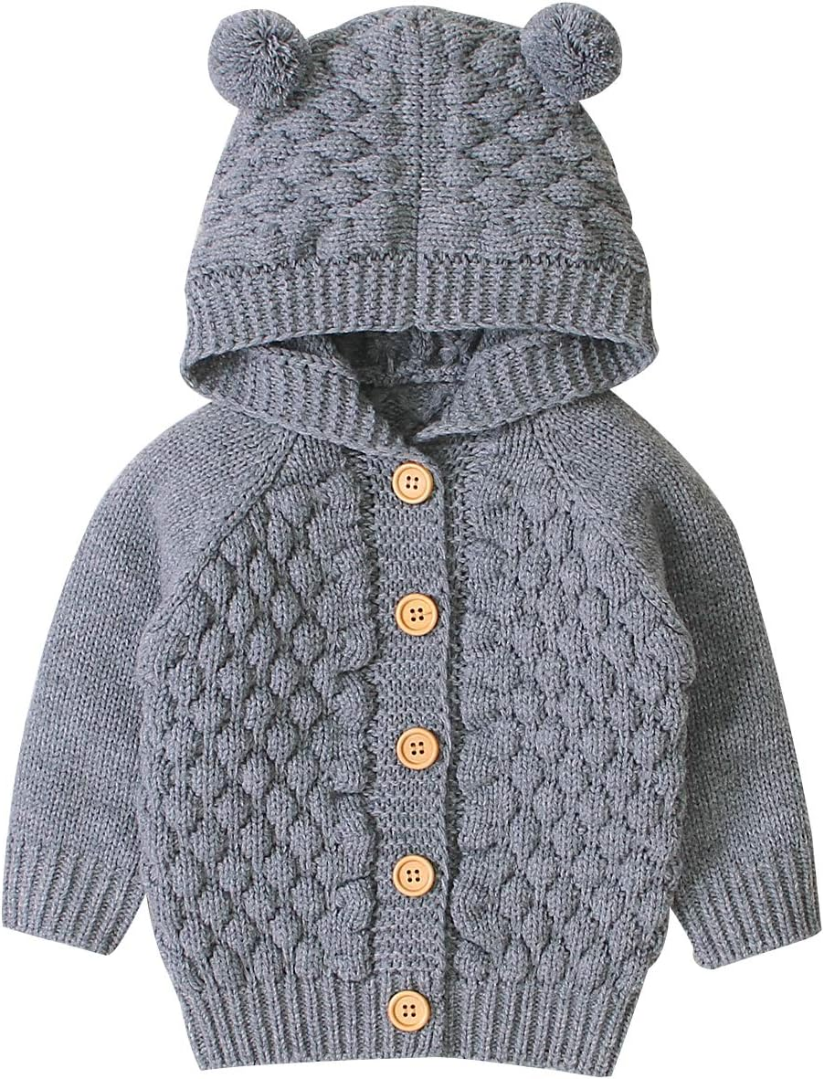 Newborn Baby Girls Boys Knit Cardigan Ear Hooded Sweater, Infant Button-Down Cotton Outfits, Unisex Baby Basic Clothes