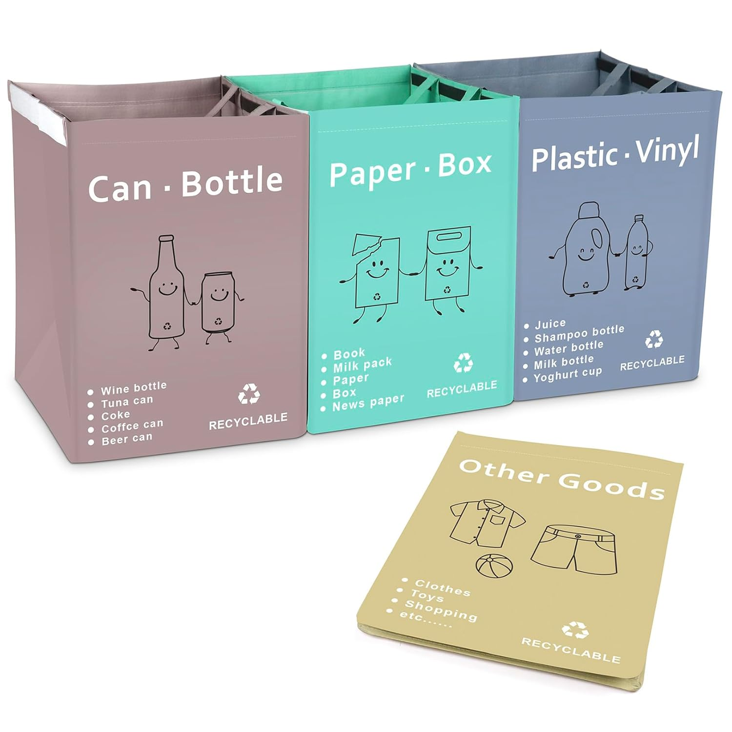 BOMEI Modern House Separate Recycling Waste Bin Bags for Kitchen Home Recycle Garbage Trash Sorting Bins Organizer Waterproof Baskets Compartment Container (Big Size 4 Bags Set) image number 1