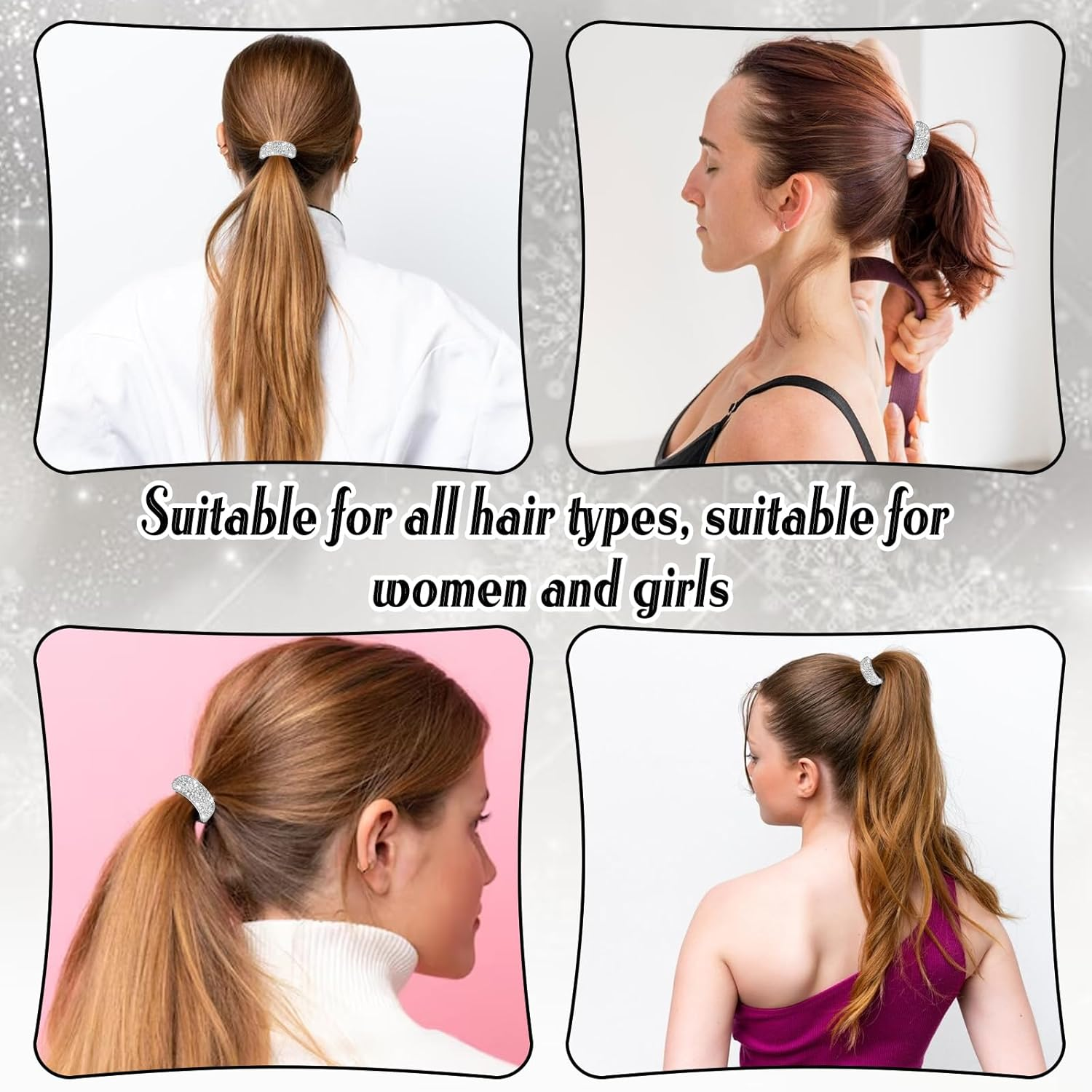 4Pcs Rhinestone Ponytail Holder, Silver Sparkly Crystal Hair Ties Elastic Scrunchies Decorative Hair Accessories for Women Girls image number 2