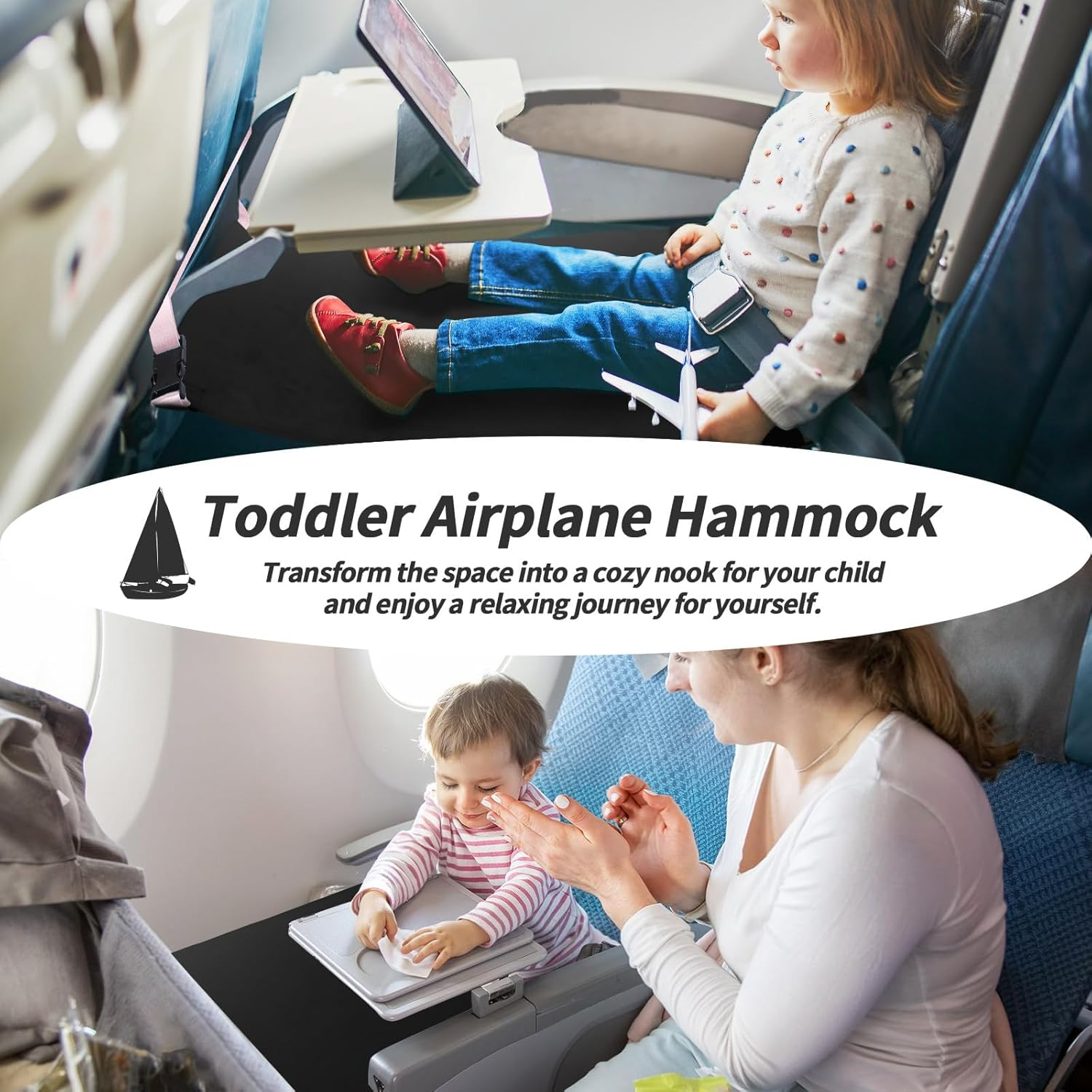 Toddler Airplane Travel Bed &ndash; Portable Kids Seat Extender for Airplane, Baby Travel Sleep Essentials with Drawstring Bag, 31.3 X 17.3 Inches, Black image number 3