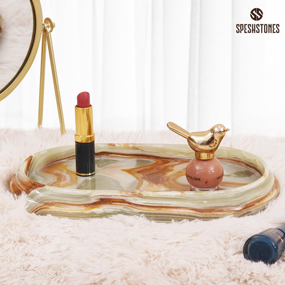 Marble Vanity Tray 9.75 Inch Green Handmade Oval Food Tray for Kitchen Countertop, Ideal Decorative Stone Trays for Perfume, Jewelry - Coffee Table Centerpieces for Dining Room - Travertine Beige image number 2