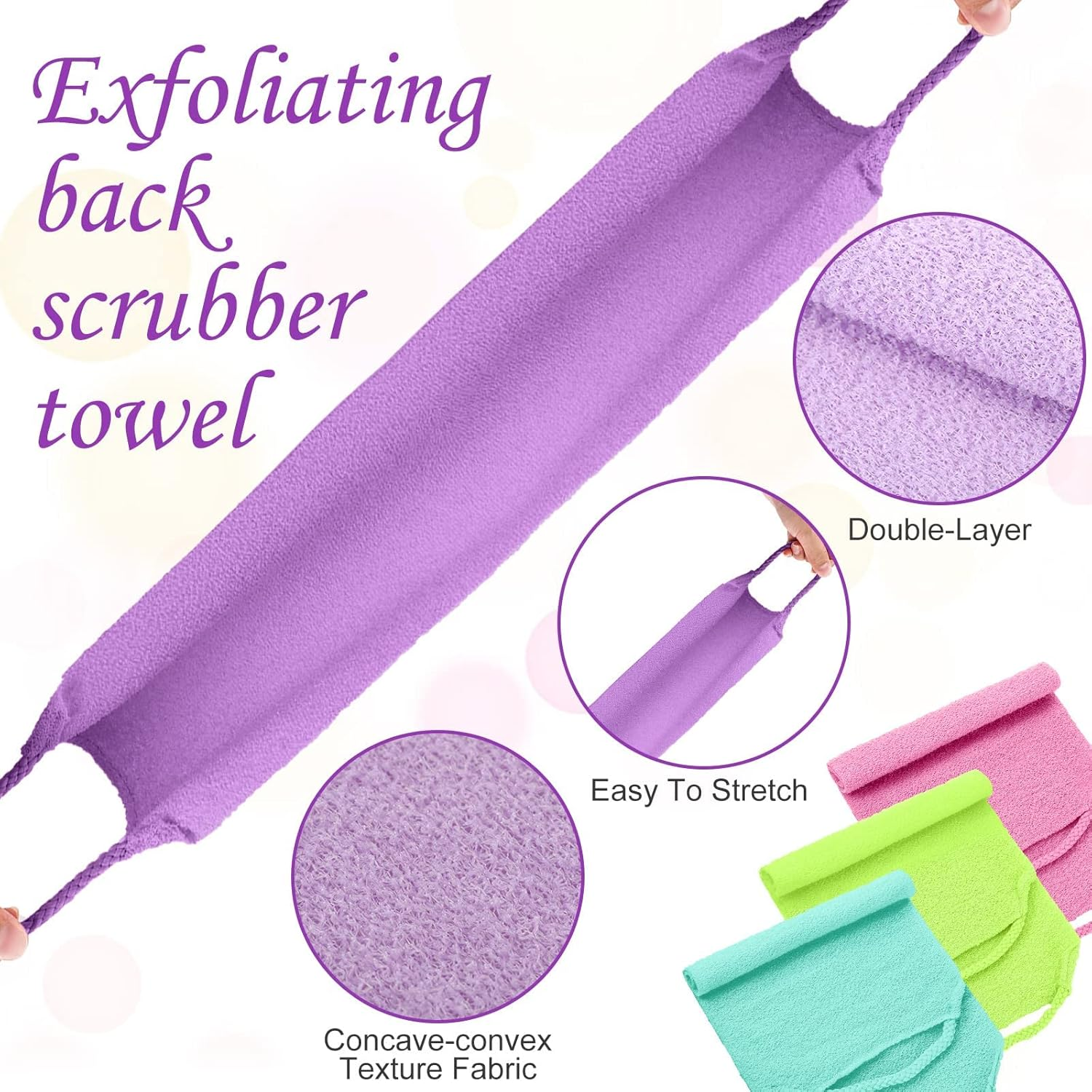 PAOFUFUI Exfoliating Back Scrubber with Handles 4 Pack Nylon Back Exfoliator Extended Length Washers Scrubbers Stretchable Pull Strap Exfoliating Washcloth (Pink,Blue,Fluorescent Green,Purple)