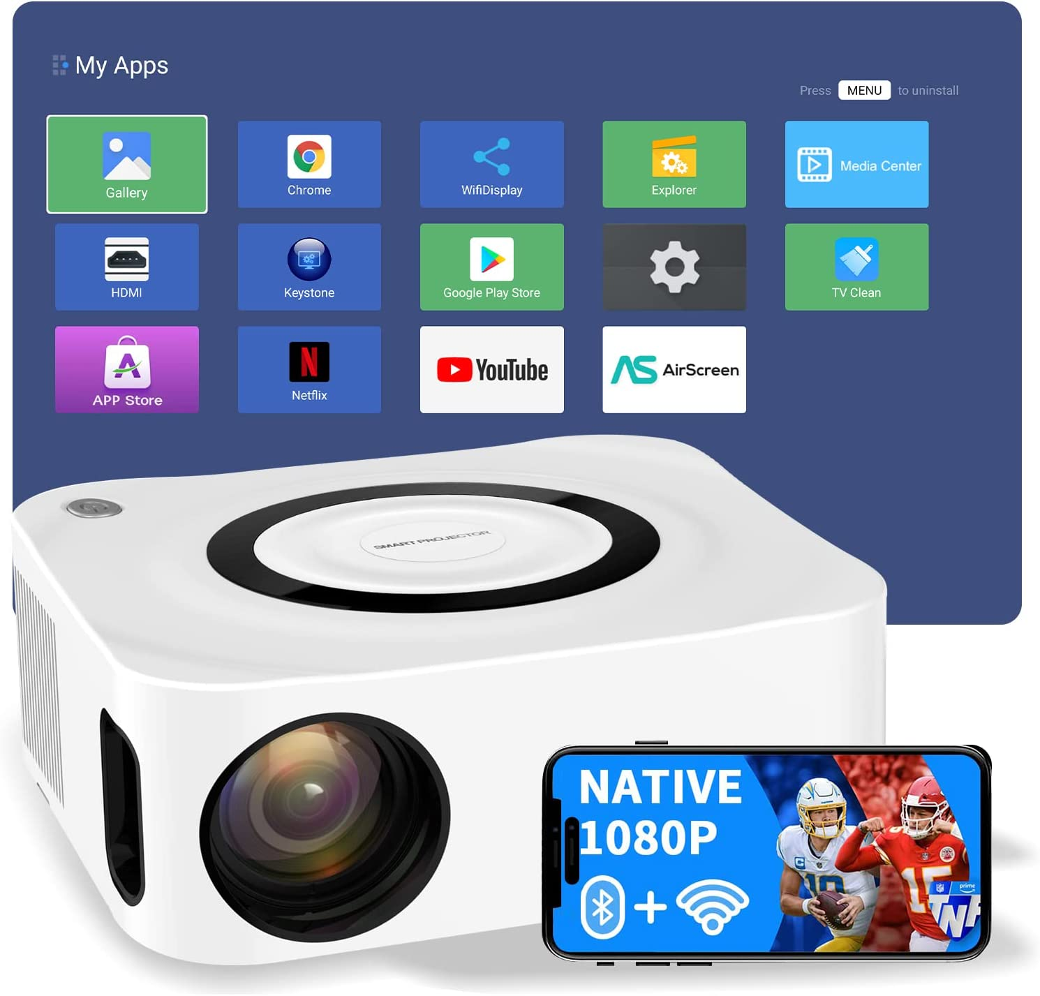 Native 1080P Wireless Wifi Bluetooth Video 350 ASNI Lumens Android Projector Support 4K Resolution Movies for TV Computer Laptop Smartphones for Home Theater Cinema Office image number 5