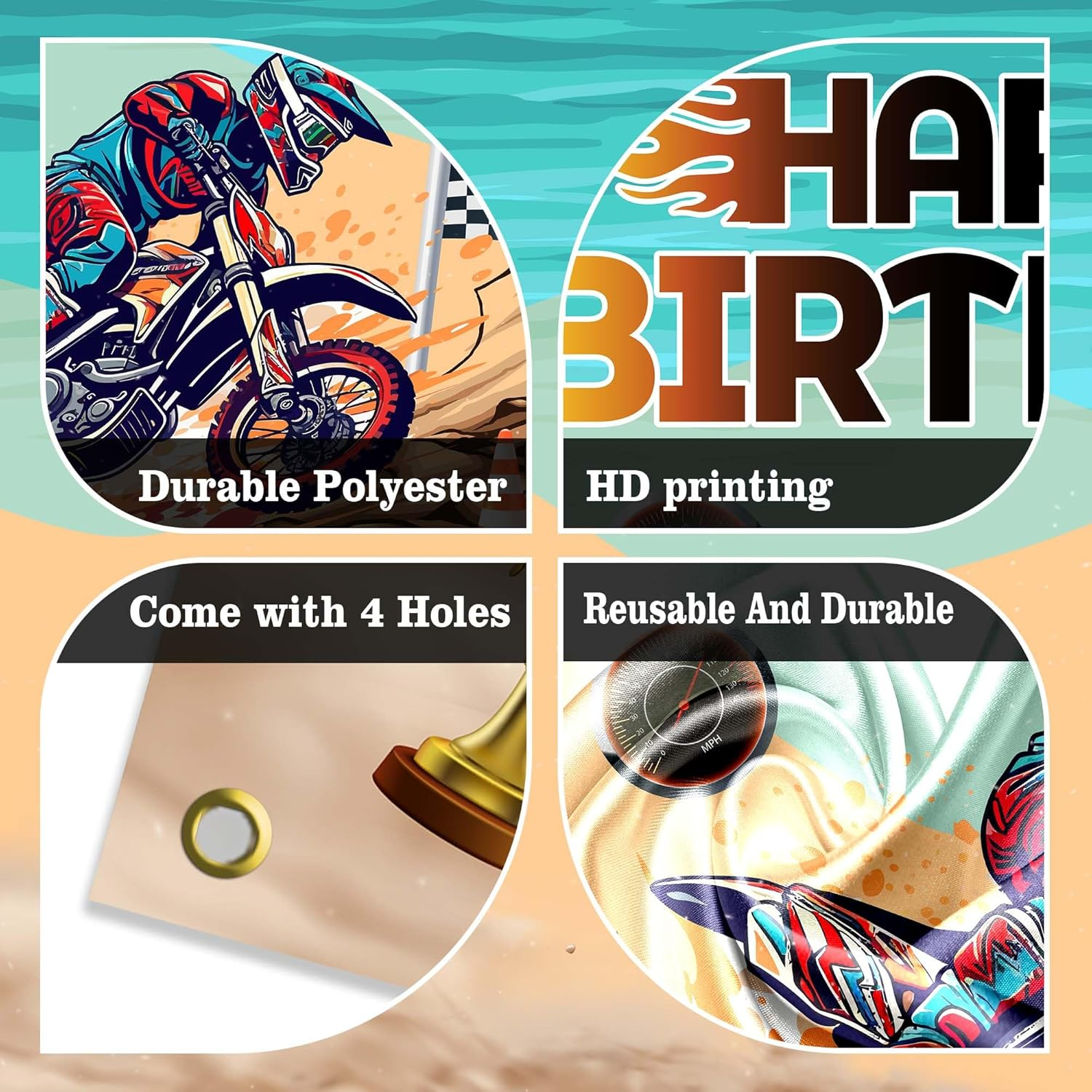 Dirt Bike Happy Birthday Party Banner Backdrop Motocross Racing Competition Checkered Extreme Sports Theme Decor for Riders Boys Girls Birthday Party Favors Decorations Supplies 70.8X47.2In-Beckten image number 3