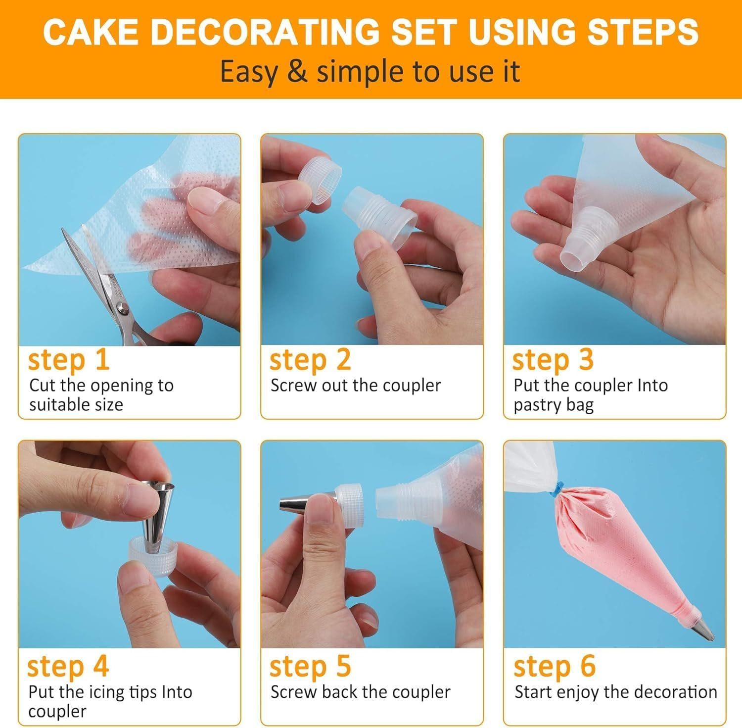 Cake Piping Set for Baking with Disposable Piping Bags and Tips, Standard Converters, Silicone Rings, Decorating Supplies for Deviled Egg, Cupcake and Cookie Icing image number 5
