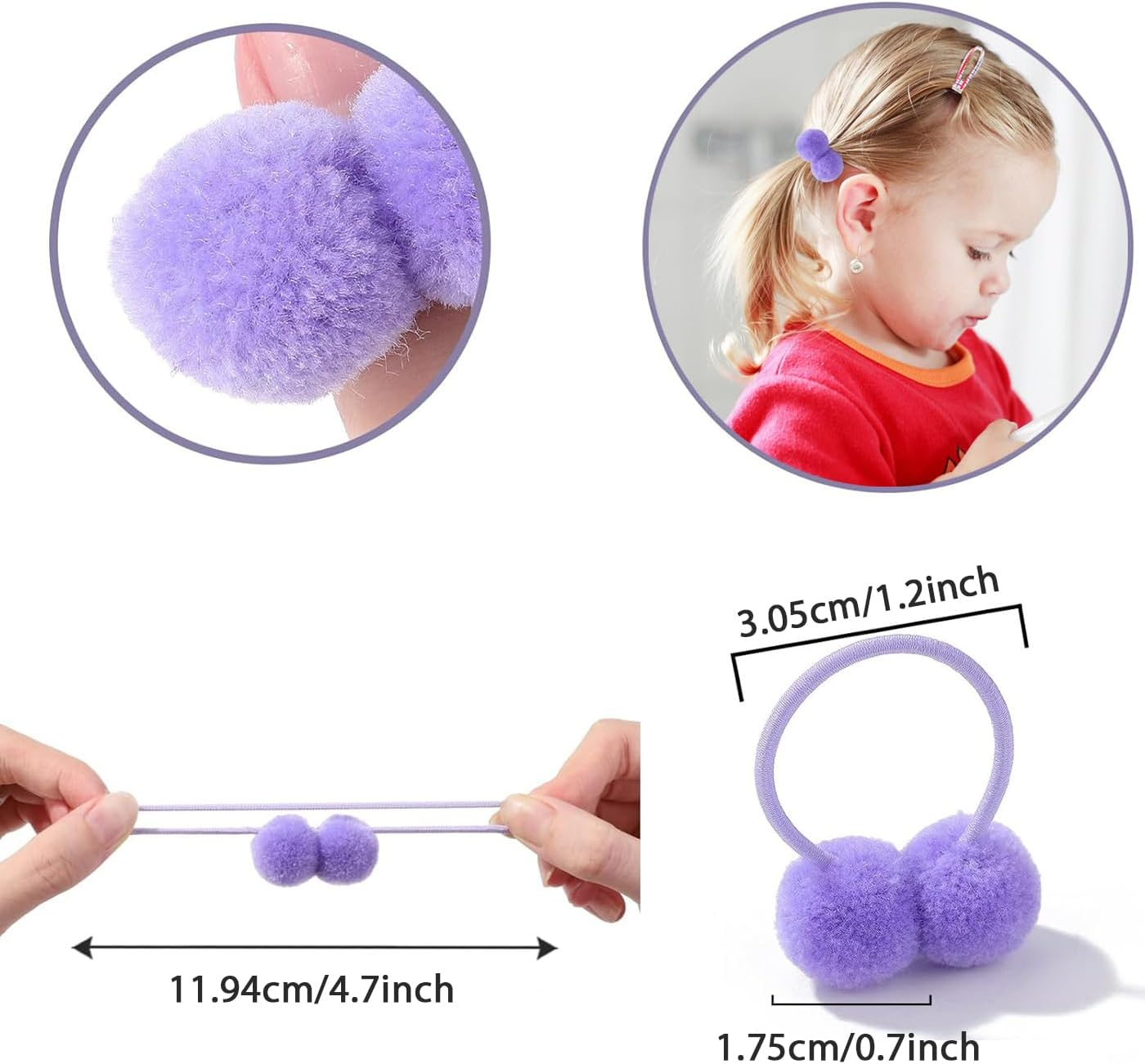 40 Pcs/20 Pairs Girls Cute Stretchy Hair Ties with 3.6Cm/1.4Inch Pompom Ball Elastics Rubber Bands Colorful Fluffy Velvet Ponytail Holders Hair Scrunchies Accessory for Baby Infant Toddlers Kids Teens image number 5