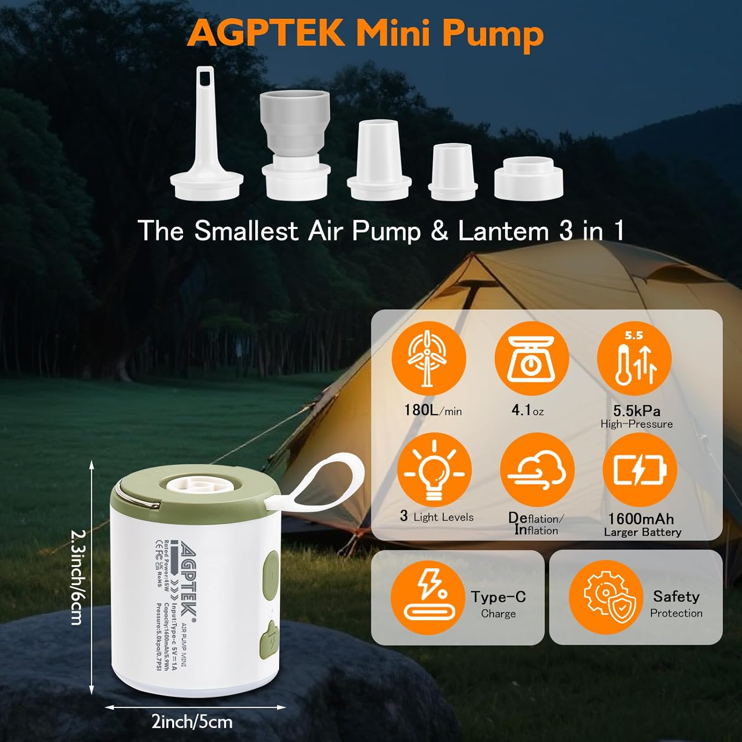 AGPTEK Air Pump for Inflatables,5.5Kpa Portable Air Pump with Led Light,1600Mah Rechargeable Battery and Magnetic Design Mini Pump Camping Light 5 Nozzles for Air Mattress, Inflatable Float - Grey image number 3
