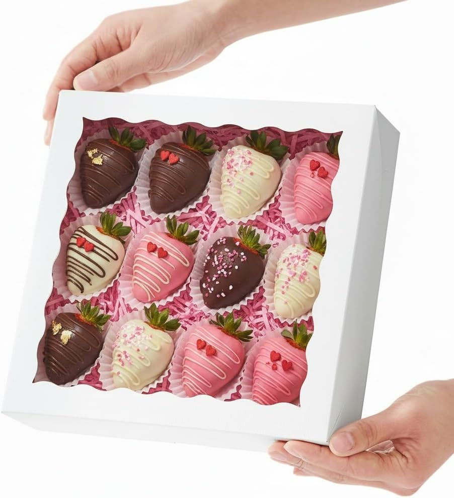 Romanticbaking 28Pcs 9X9X2.5 Inches Bakery Boxes with Window for Pie, Chocolate Covered Strawberries, Breakable Heart, Cookies, Cakesickle
