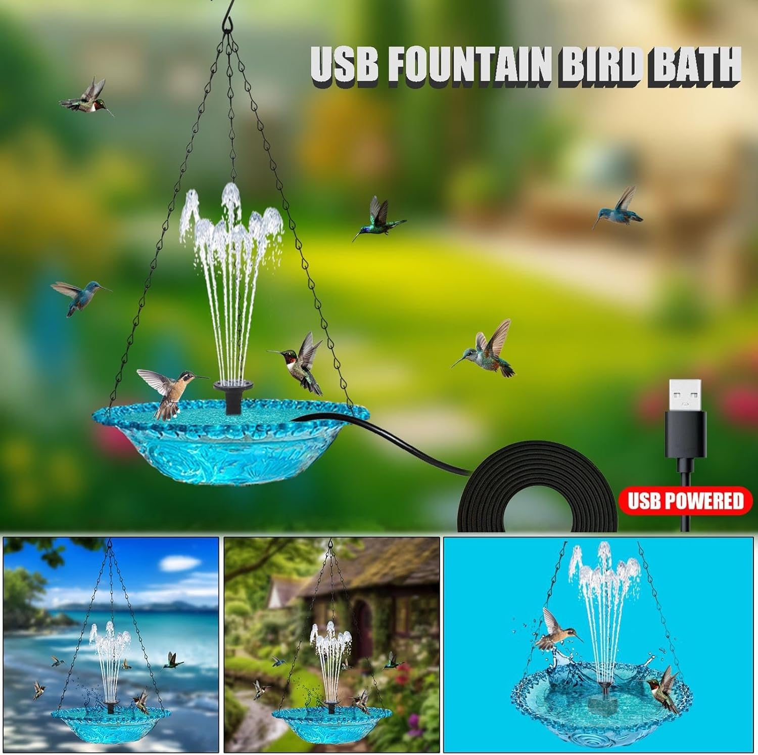 Hanging Bird Bath, Bird Bath Bowl with Fountain USB Powered, Hummingbird Bath Fountain for Outdoor Garden Backyard - Blue image number 6