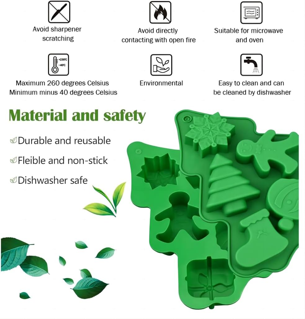 Christmas Silicone Moulds for Baking, Non-Stick Christmas Moulds Set with Christmas Tree, Santa Claus, Gingerbread Man, Snowflake Shapes for Chocolate, Candy, Fondant, Soap,Jelly and Candles image number 1