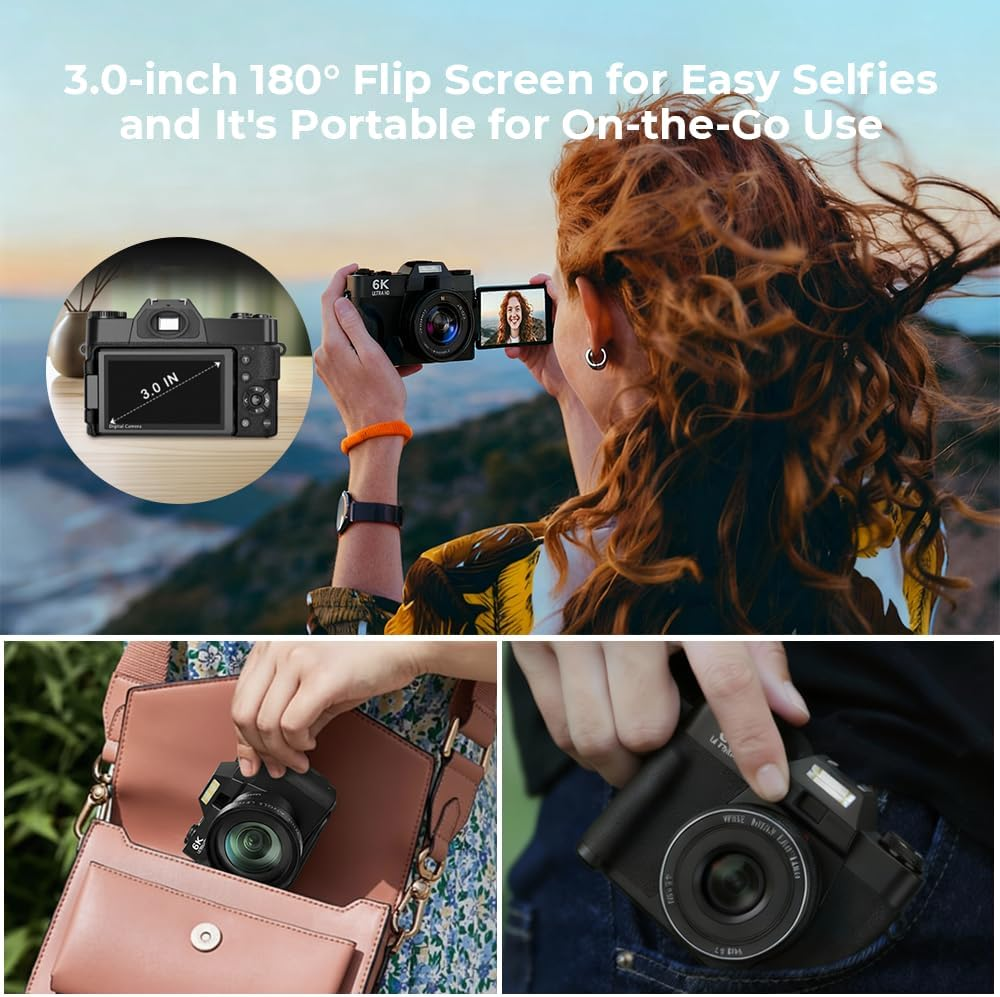 6K 64MP Digital Camera for Photography & Youtube Vlogging, 3" 180&deg; Flip Screen, 16X Zoom Autofocus, Wifi, with Wide-Angle Lens,64Gb TF Card, 2 Batteries, Charger, Reader & Flash image number 4
