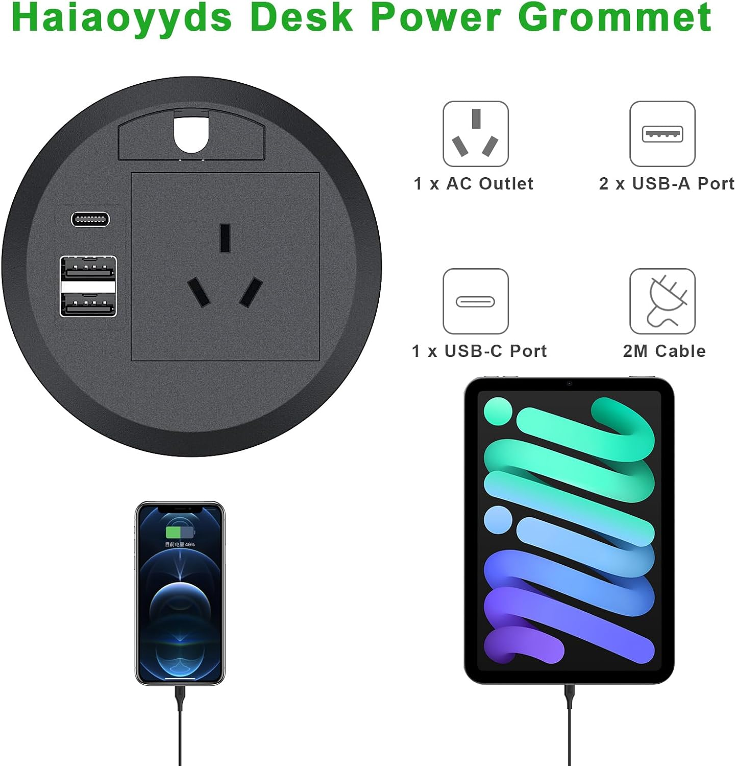 Desk Power Grommet, Haiaoyyds Recessed Power Board with AC Outlets, PD 20W USB C Port, 2 USB a Ports, 2M Cable, 80Mm Hole Grommet, Furniture Power Board for Home Office Workshop, Black image number 4