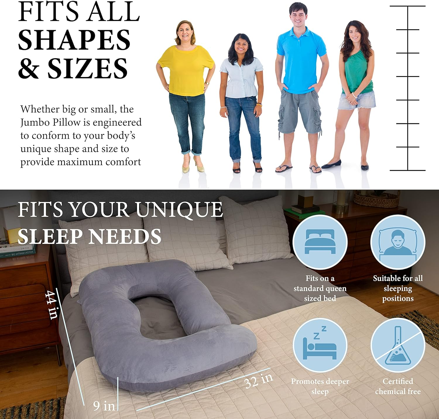 Pharmedoc Pregnancy Pillows, U-Shape Full Body Pillow -Removable Cover Jumbo Size - Grey - Pregnancy Pillows for Sleeping - Body Pillows for Adults, Maternity Pillow and Pregnancy Must Haves image number 3